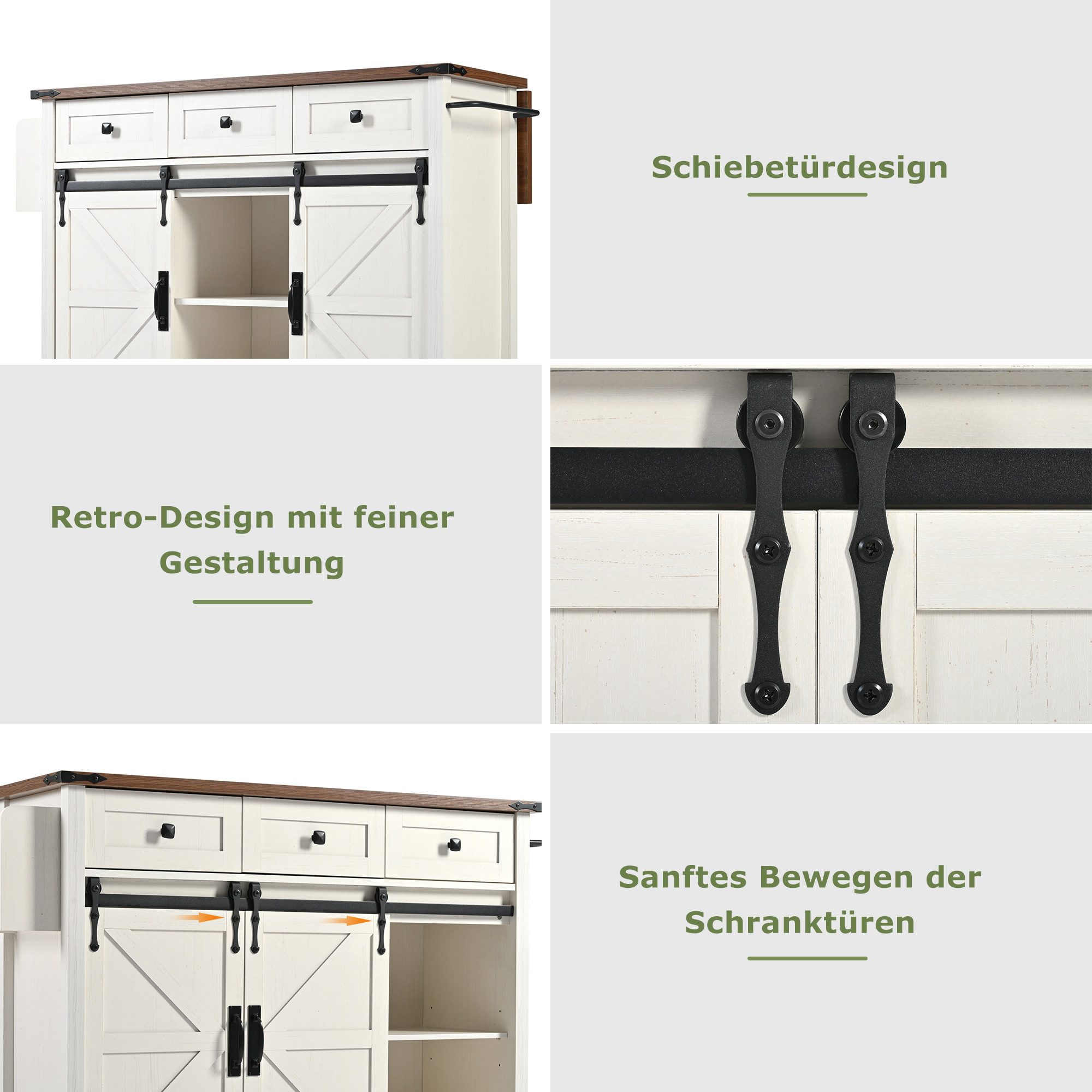 Flieks Küchenwagen mit erweiterbare Arbeitsplatte und Rollen, (1 St), Servierwagen mit Schiebetüren und Schubladen Kücheninsel Küchenschrank