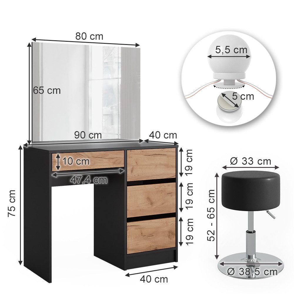 Vicco Schminktisch Sherry, Anthrazit/Goldkraft Eiche, 90 x 75 cm mit Spiegel, LED-Bele...
