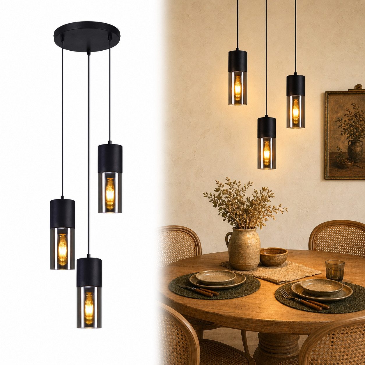 Nettlife Pendelleuchte Schwarz Esstisch E27 1/3/4 Flammig Glasschirm Hängeleuchte, LED wechselbar, Esstisch Wohnzimmer Schlafzimmer