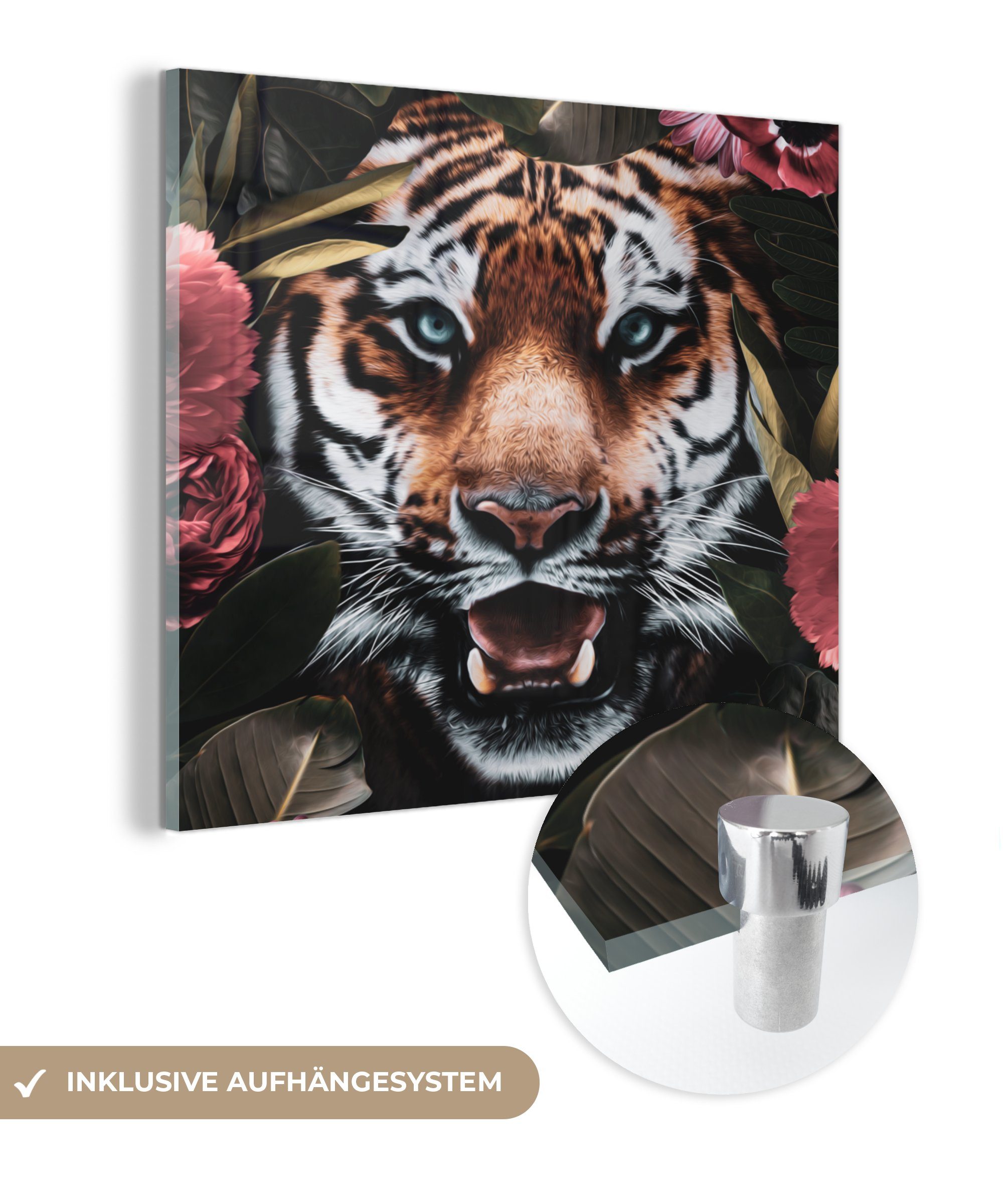 MuchoWow Acrylglasbild Tiger - Blumen - Dschungel, (1 St), Glasbilder - Bilder auf Glas Wandbild - Foto auf Glas - Wanddekoration