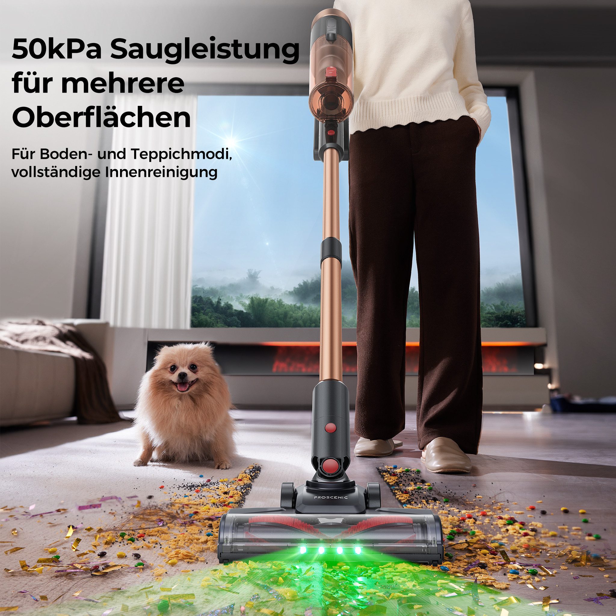 Proscenic Akku-Hand-und Stielstaubsauger 50kPa 550W Akku Staubsauger,50 Min,Grünes Licht Sichtbares Staub, 550 W, beutellos, 5in1 Filtersystem,Leise & Kabellos für Tierhaare,Boden,Teppich