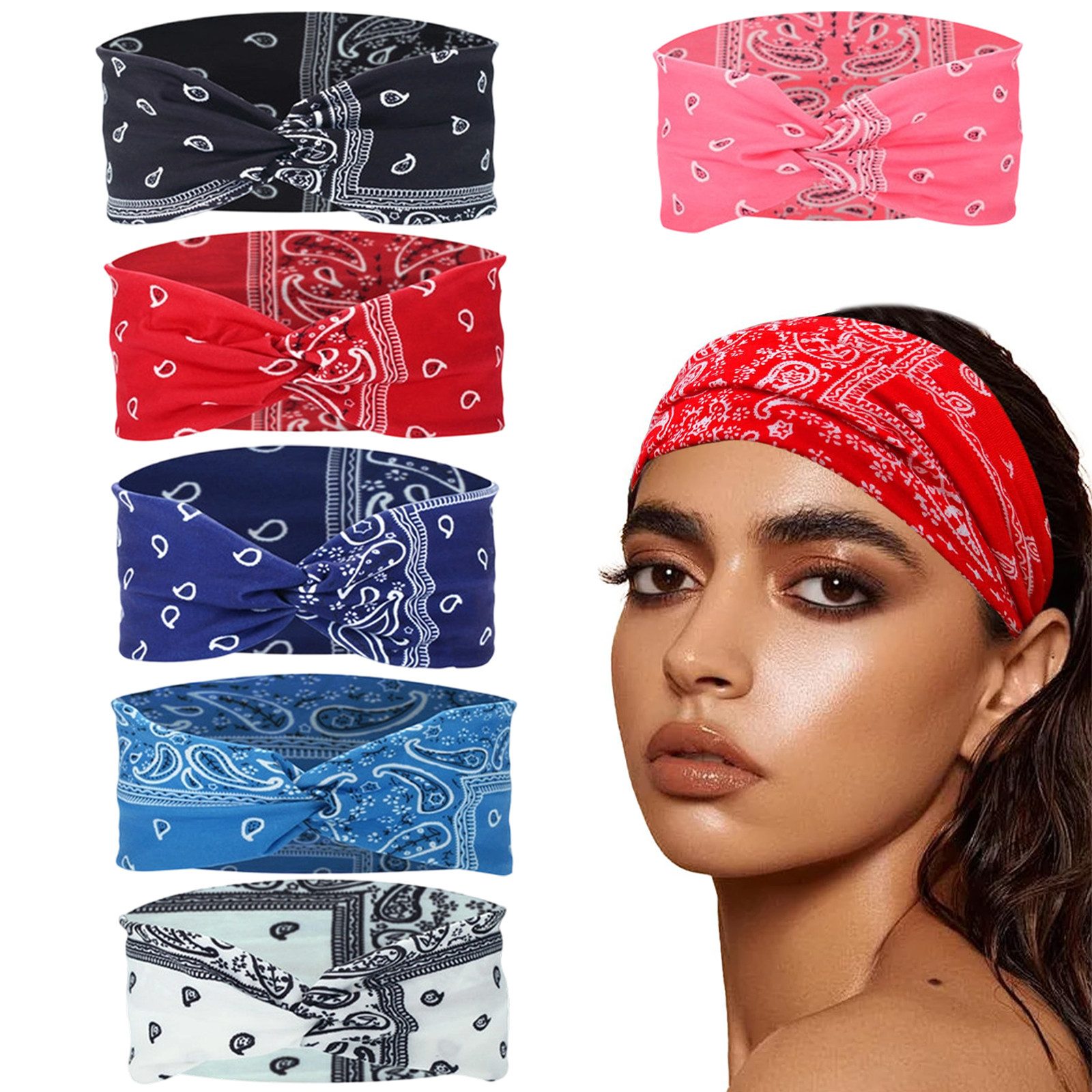 MOPUEA Haarband 6er Set Haarbänder Damen breite elastische weiche Boho-Stirnbänder, 6-tlg.