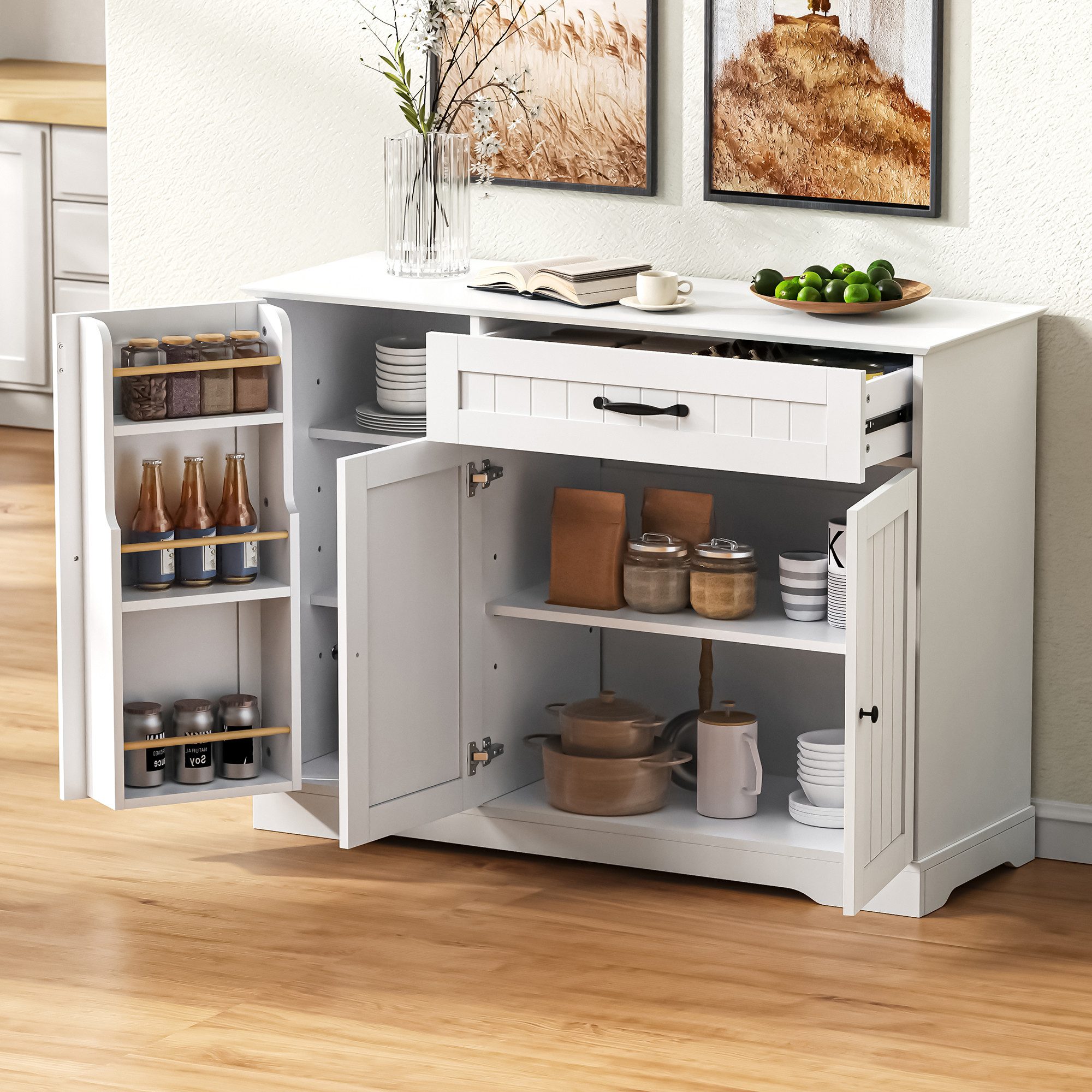 Flieks Kommode Buffetschrank mit Schubladen und Türablagen (1 St., 107x40x84 cm), Mehrzweckschrank Küchenschrank mit verstellbarer Einlegeböden