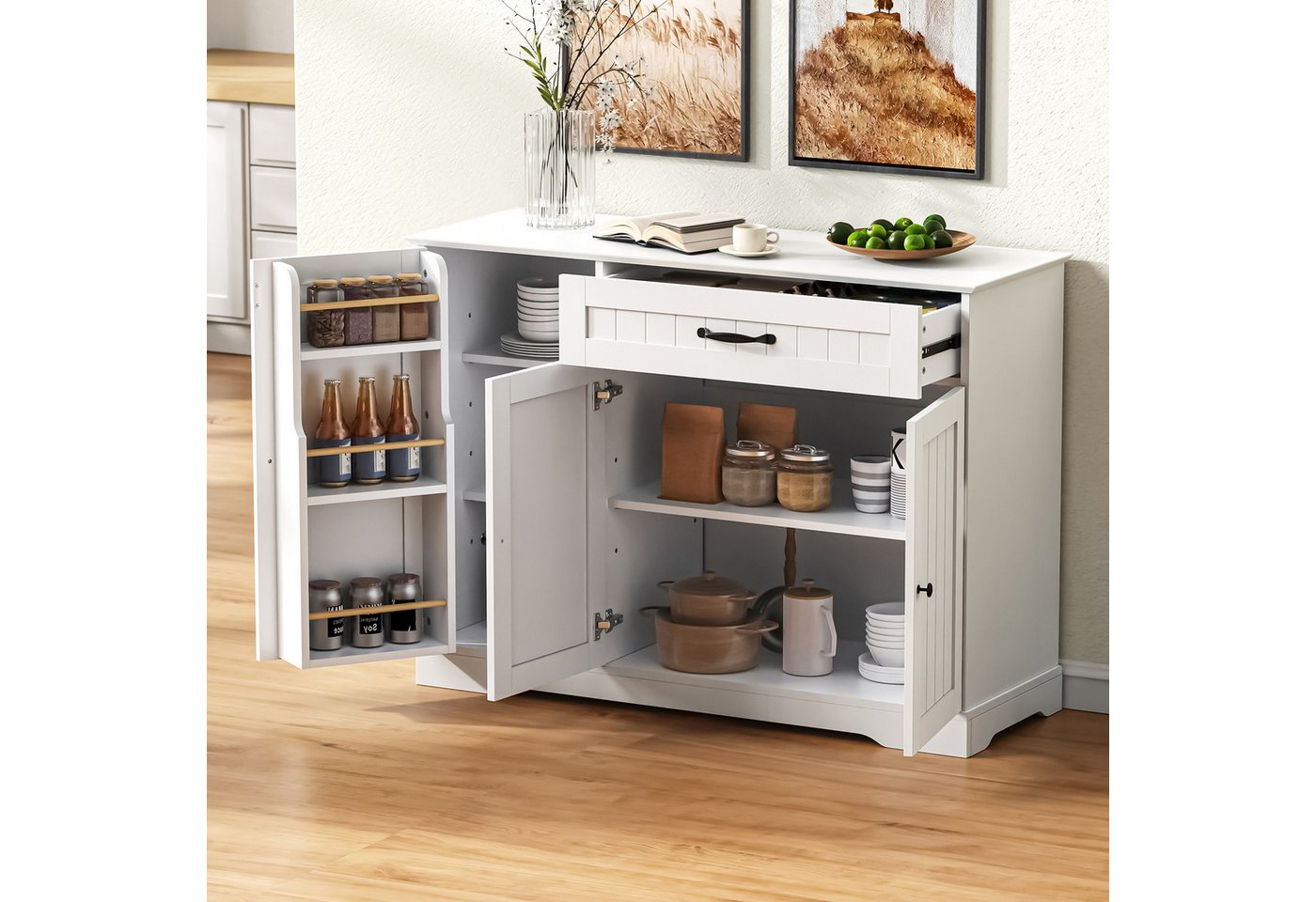 Flieks Kommode Buffetschrank mit Schubladen und Türablagen (1 St., 107x40x84 cm), Mehrzweckschrank Küchenschrank mit verstellbarer Einlegeböden