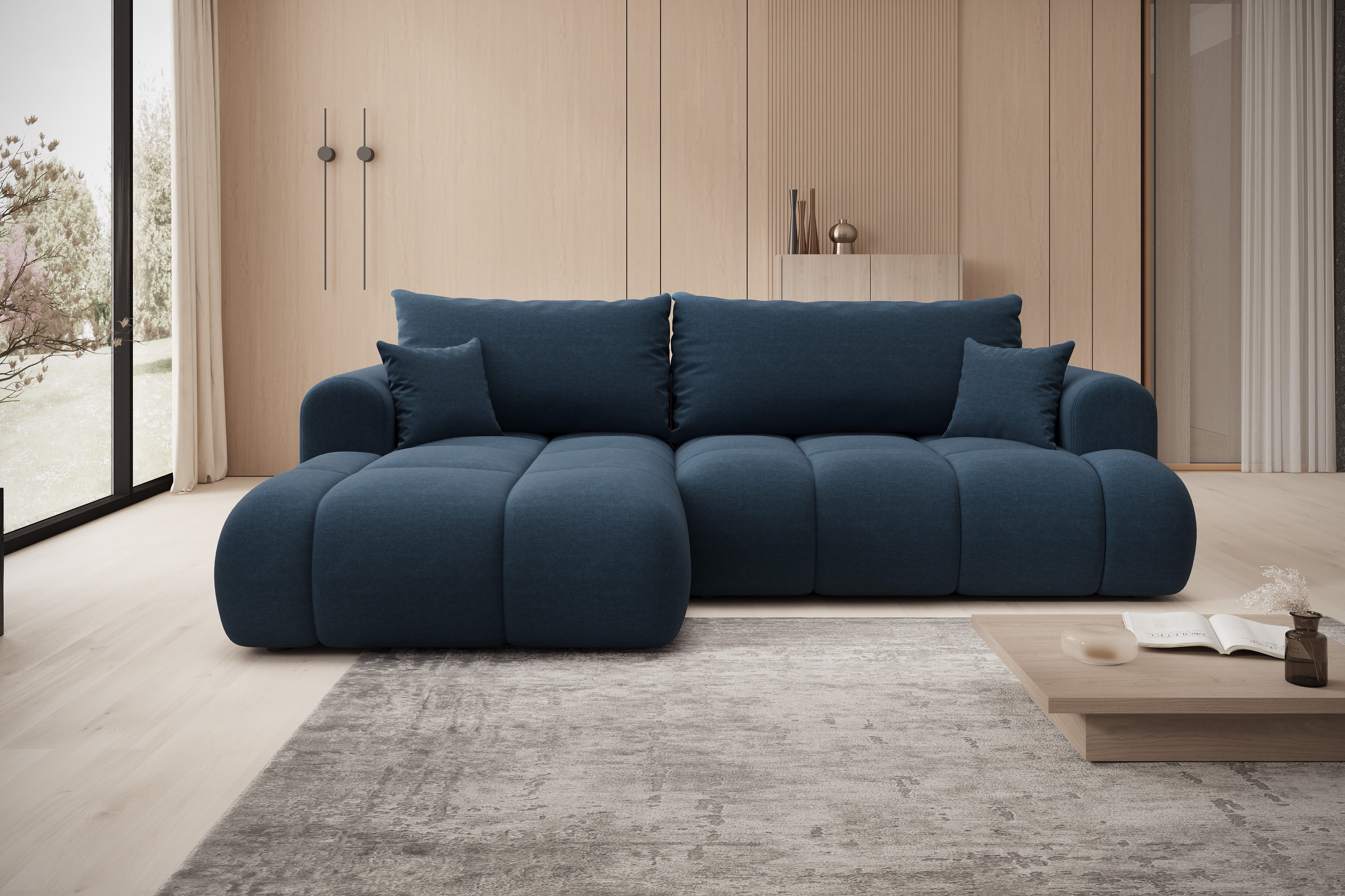 thematys Ecksofa TREVIO mit Schlaffunktion und Bettkasten, L-Form, Cord und Bouclé, 260 x 165cm - Luxus Couch mit Bettfunktion mit Bonnellfedern + 2 Kissen