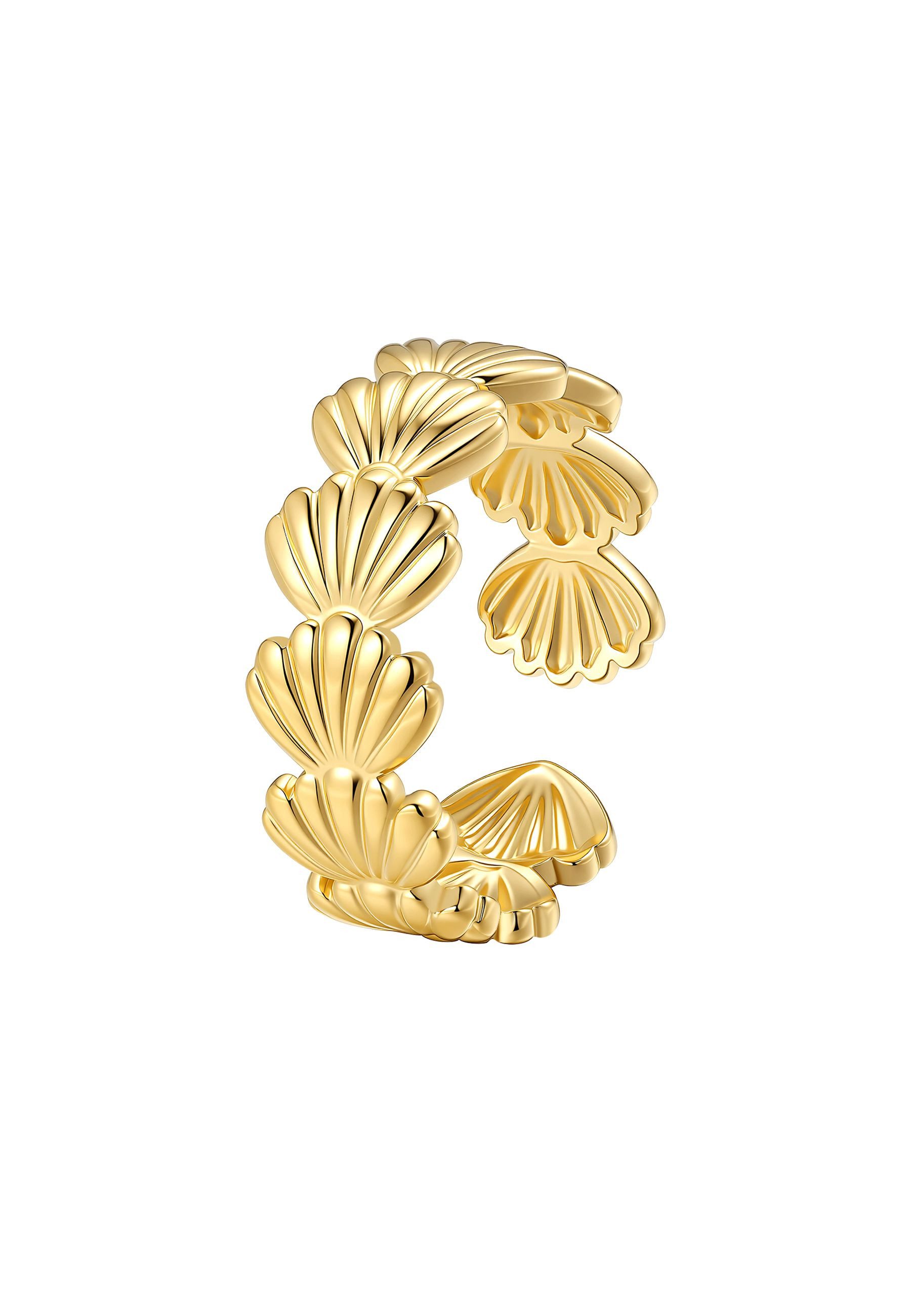 Hey Happiness Fingerring Muschel Kranz, offener Edelstahl Damenring, Verstellbarer Statement Ring mit Muschelmotiven, wasserfest für Strand
