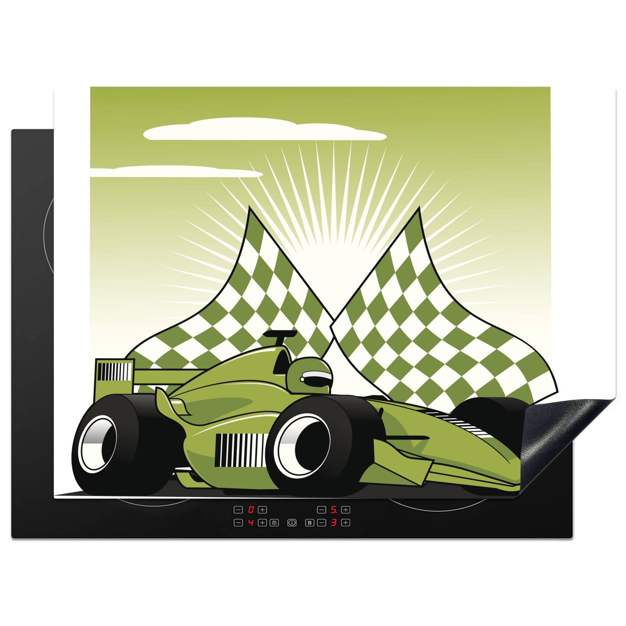 MuchoWow Herdblende-/Abdeckplatte Ein grüner Formel-1-Rennwagen in einer Illustration, Vinyl, (1 tlg), 70x52 cm, Mobile Arbeitsfläche nutzbar, Ceranfeldabdeckung