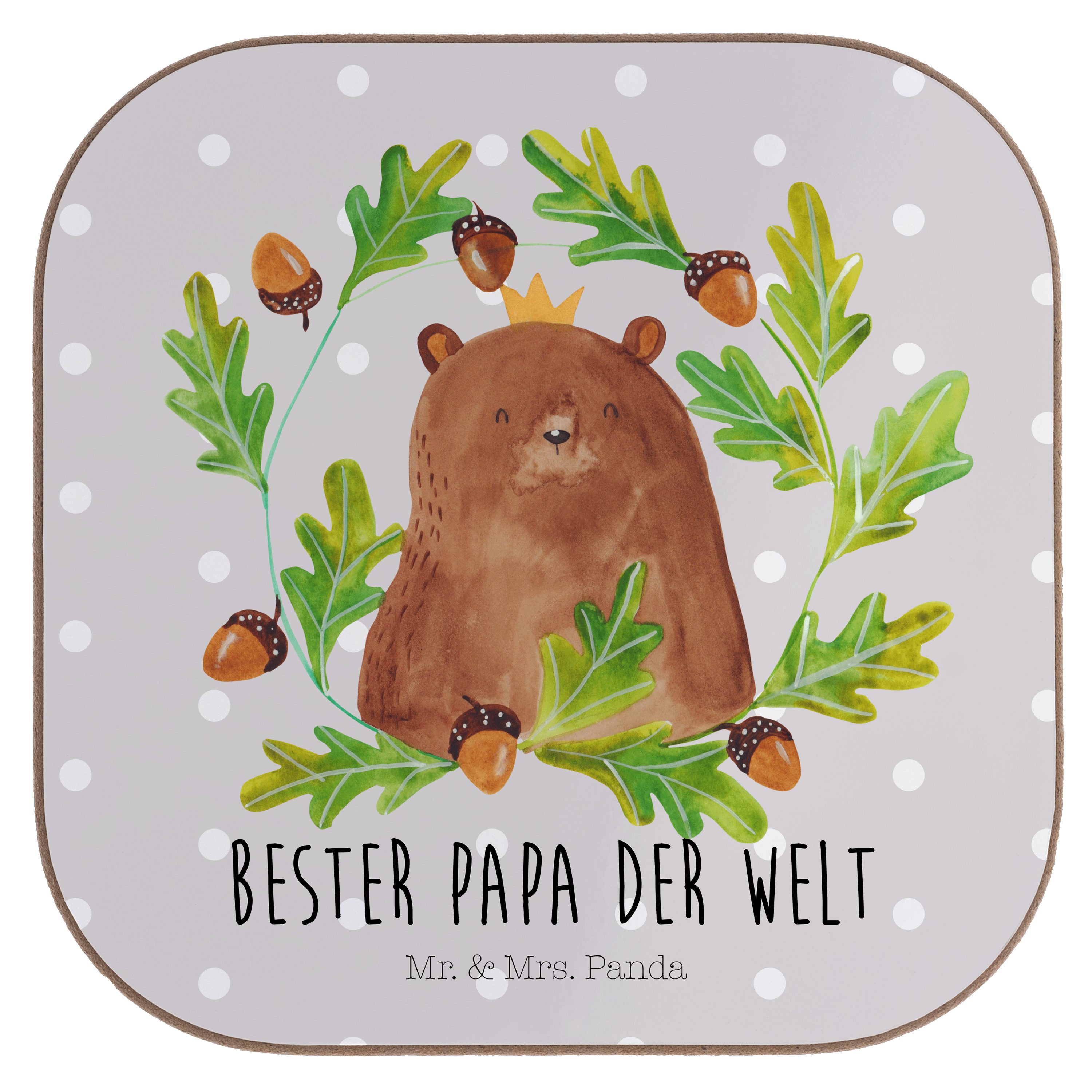 Mr. & Mrs. Panda Getränkeuntersetzer Bär König - Grau Pastell - Geschenk, Bierdeckel, Vatertag, Glasunters, 1-tlg.