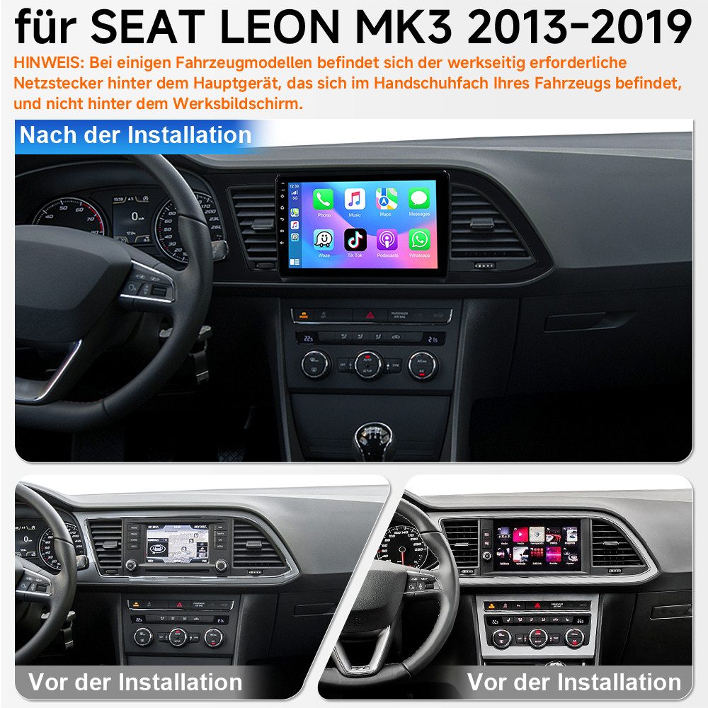A-Sure 9" 4+64GB Android 15 GPS Navi Carplay Für Seat Leon 3 III 5F 2012-2020 Autoradio (Digitalradio (DAB), FM, AM, RDS, 1280*800 IPS Screen/8-Core CPU)