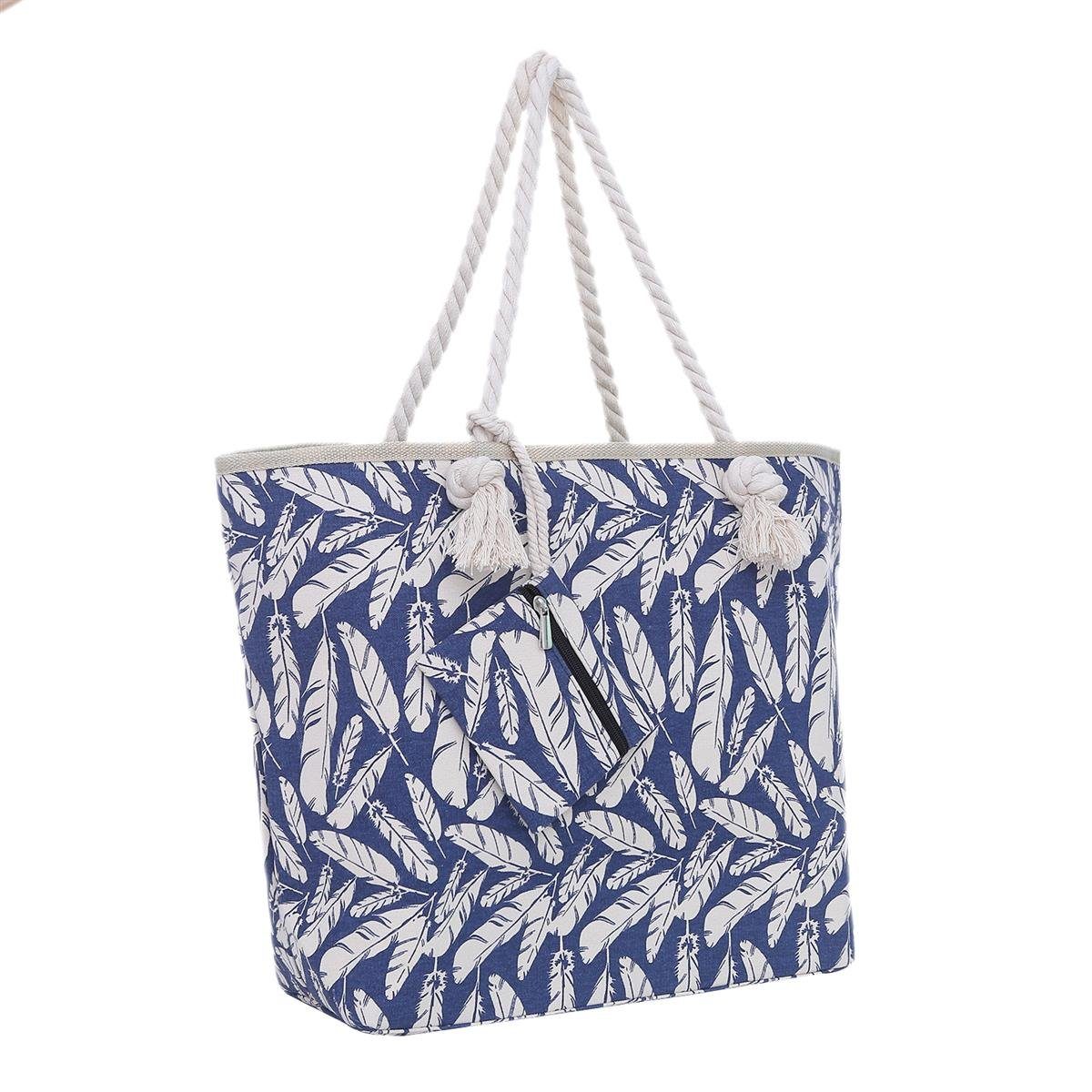 DonDon Strandtasche Shopper Schultertasche Beach Style (2-tlg), Große Strandtasche, mit Reißverschluss, tolle Motive blau-Beige