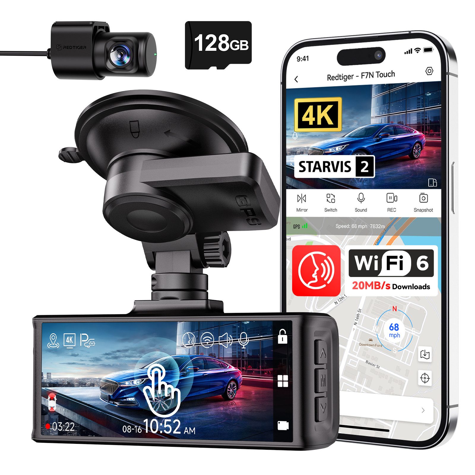 REDTIGER 4K+1080P Duale Autokamera mit 170° Weitwinkel, WDR Nachtsicht, GPS Dashcam (WLAN (Wi-Fi), Parküberwachung & 128GB-Karte inklusive)