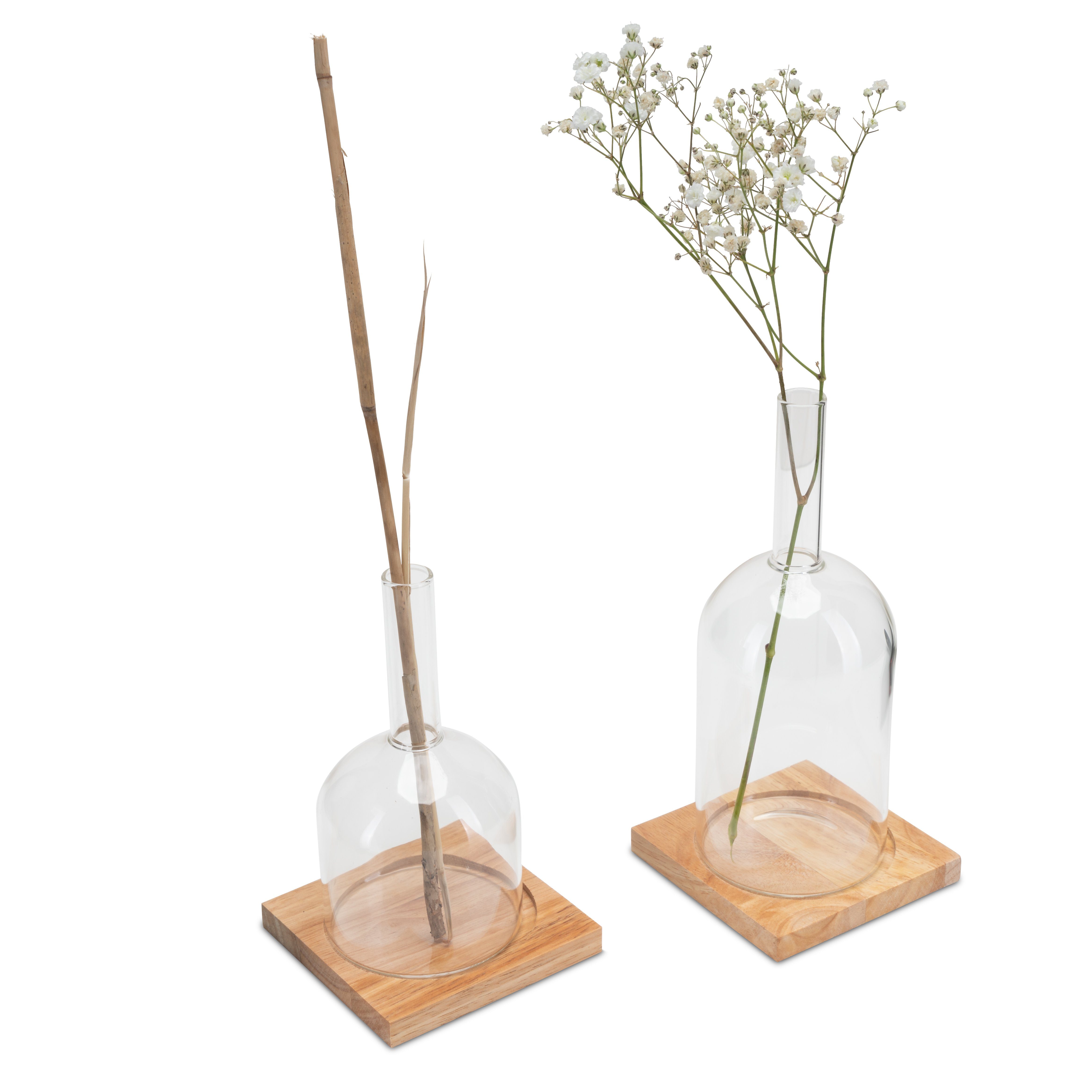 LUUK LIFESTYLE Tischvase Vasen-Sets aus Glas in modernem Design, HANDMADE (Set (2 bzw. 3 Stück), mit Holzuntersetzer bzw. Messing Aufsatz), mundgeblasene Tischvasen