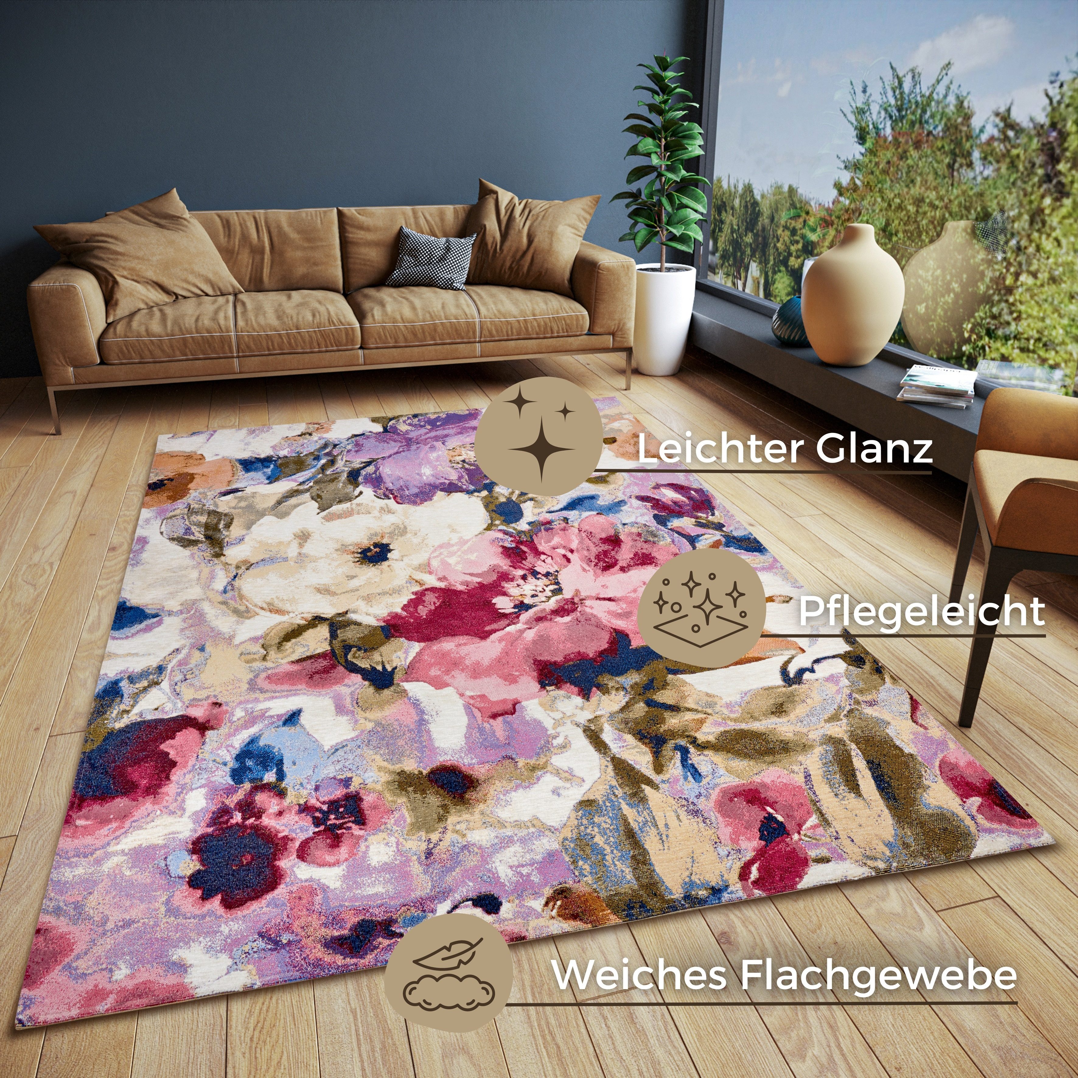 HANSE Home Teppich Atika, rechteckig, Höhe: 5 mm, Floral, Kurzflor, pflegeleicht, Anti-Slip, Glanz, Wohnzimmer