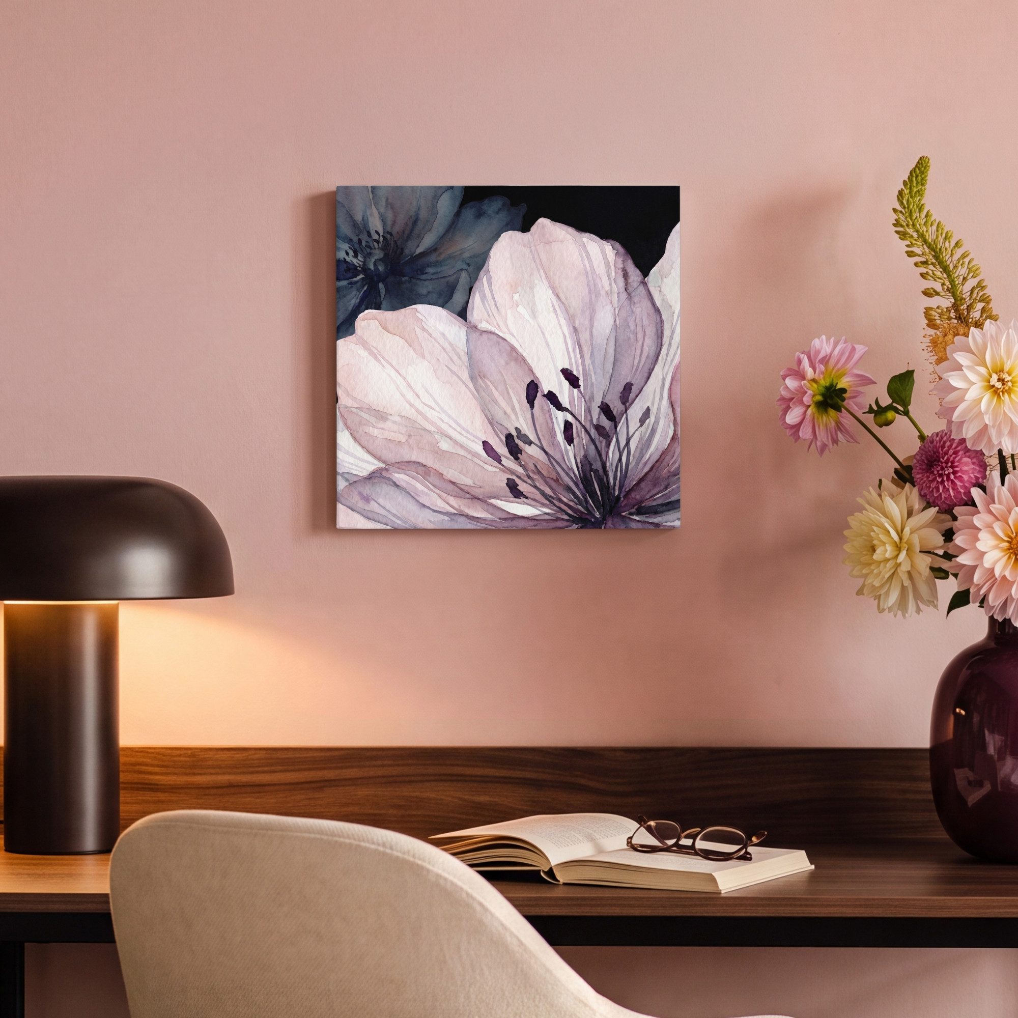 OneMillionCanvasses® Leinwandbild Blumen – Aquarell – Modern – Rosa – Dunkel, Fotodruck (1 St), Leinwand Canvas Wandbild, Wanddekoration 20x30 cm – Bild 4 von 5