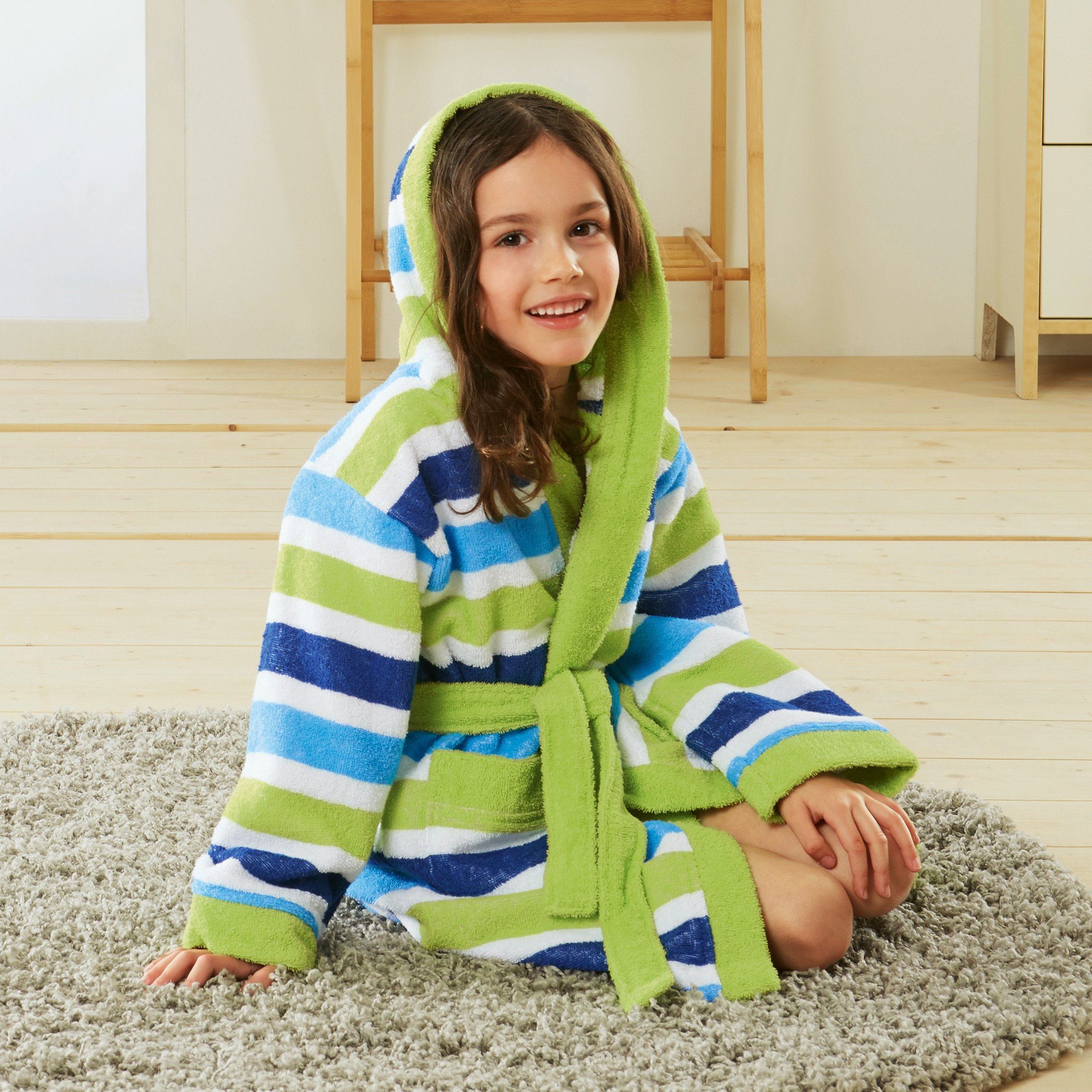 Erwin Müller Kinderbademantel Kinder-Bademantel mit Kapuze, Rückenlänge: 71 cm, Frottier, mit Kapuze/mit Aufsatztasche:, default, Walk-Frottier Streifen – Bild 5 von 5