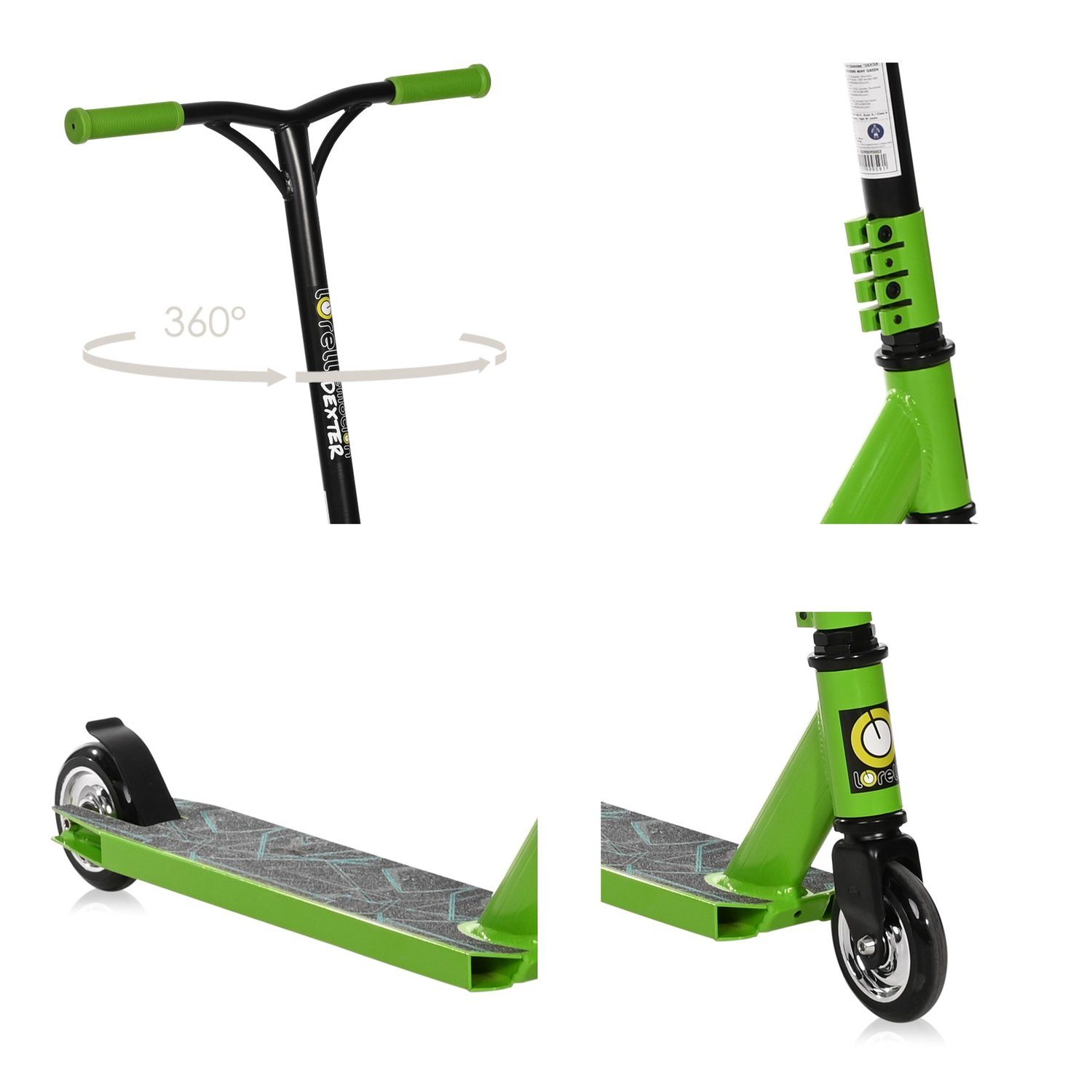 Lorelli Cityroller Bremse Aluminium, Lenker Grad grün PU-Räder, 360 Kinderroller drehbar, Dexter