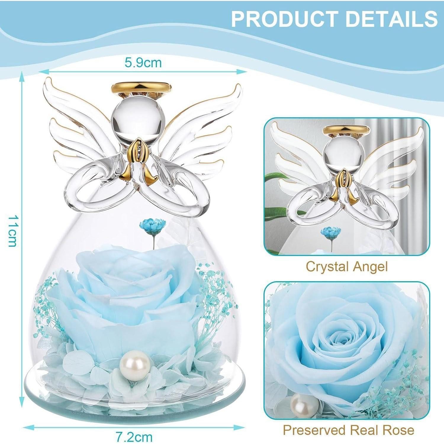 Trockenblume Geschenk Ewige Rose Glaskuppel Engelsfigur Muttertag Hellblau, LuxusKollektion