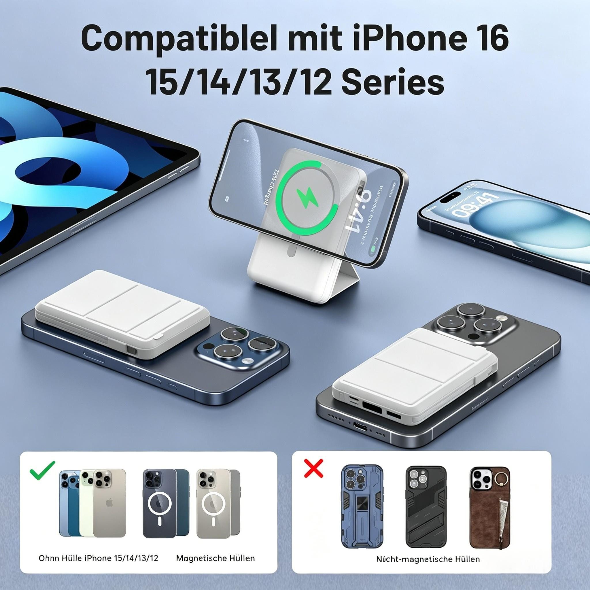 AIBISTAR 10000mAh Magnetisch MagSafe Powerbank mit 2 Kabel Klappständer LED Powerbank Magnet-Powerbank 10000 mAh, Magnetisches Wireless Charging,Kompatibel mit  – Bild 3 von 5