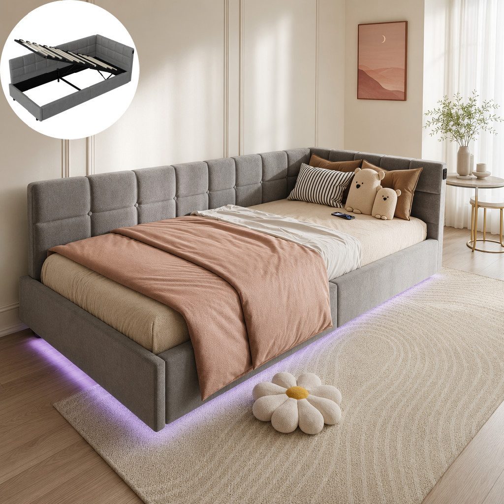 Simurq Daybed Tagesbett 90x200 mit Stauraum, Samtbett, Polsterbett, Gästebett, mit LED & USB Port, L-Form, Mit Lattenrost, Wohnliches Design