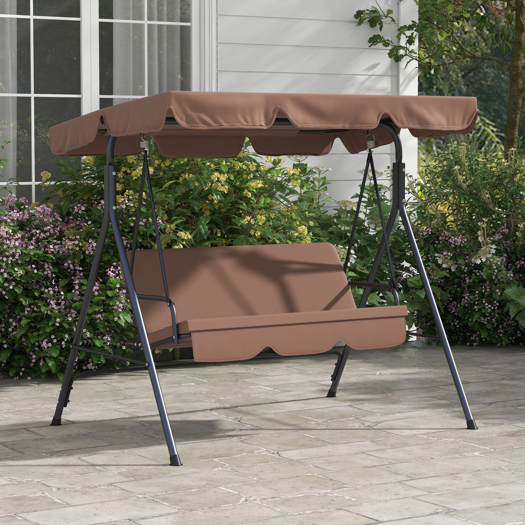 Outsunny Hollywoodschaukel Gartenschaukel, verstellbar, Schaukelbank belast bis 200 kg, 3-Sitzer, mit verstellbarem Dach, Schwingbank, 1 tlg., Gartenschaukel, bis 200 kg belastbar, für Garten, Balkon, Mesh, Braun