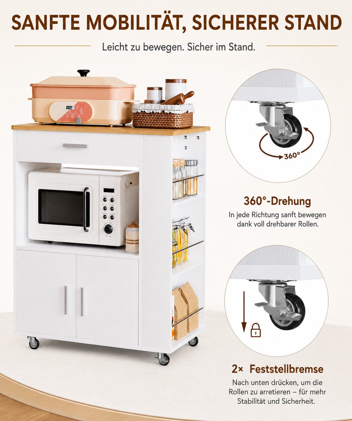 Yorbay Küchenwagen mit Rollen,Servierwagen mit Arbeitsplatte, Kücheninsel Freistehend, (75*46*88 cm), Küchenschrank mit Schublade & 3 Gewürzregalen