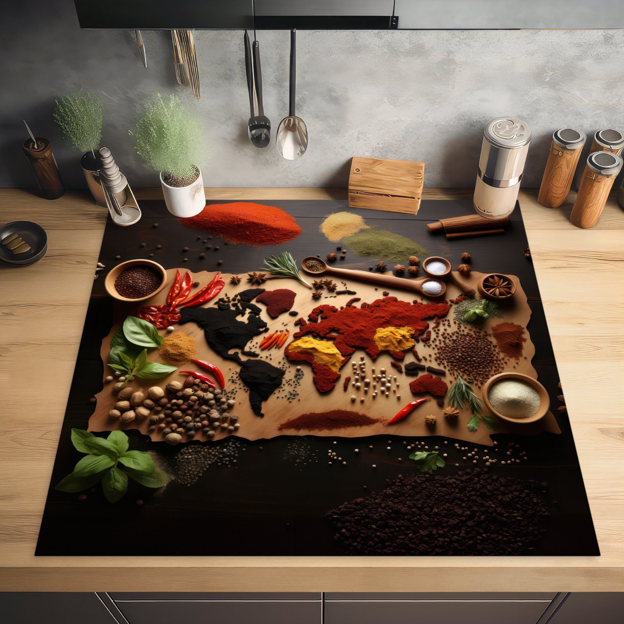 MuchoWow Herd-Abdeckplatte Kräuter - Gewürze - Weltkarte - Braun - Löffel - Farbenfroh, Vinyl, (1 tlg), Küche Herdabdeckung Ceranfeld Induktionsfeld Vinyl, 60x60 cm
