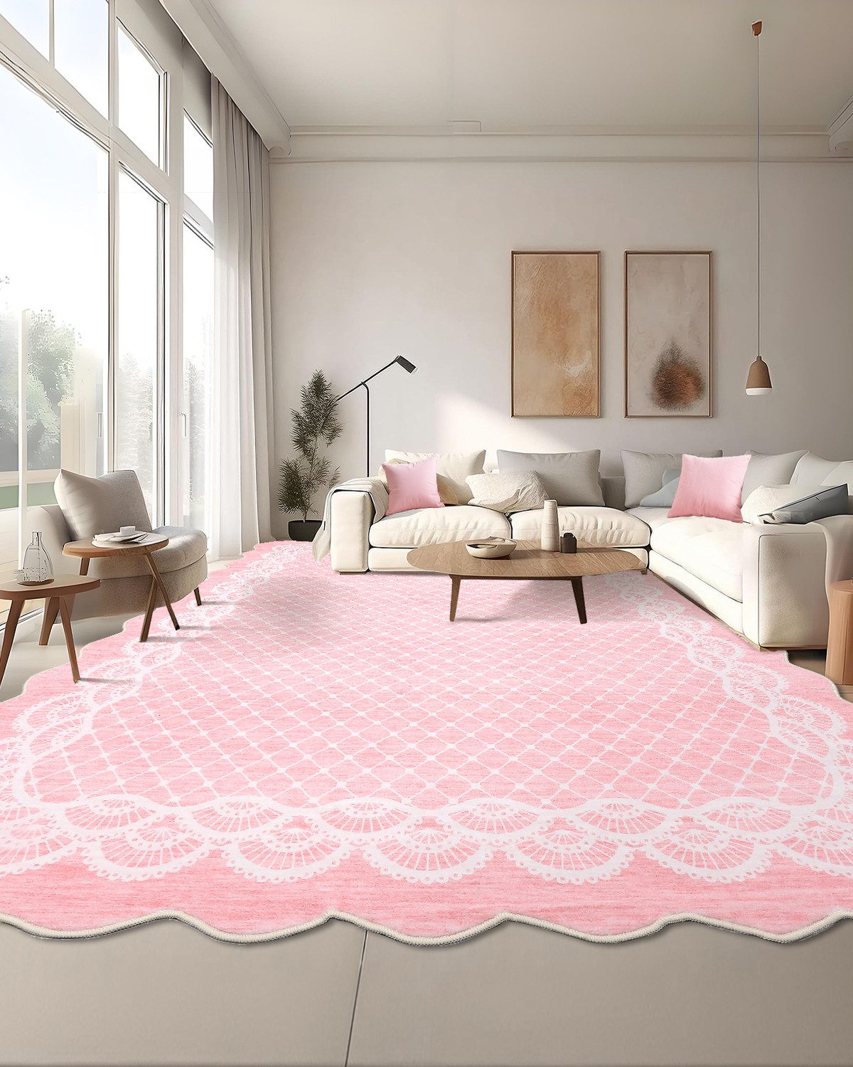 GarveeMore Teppich eleganter und hübscher Flachflor-Teppich mit Wellenrand, rechteckig, Höhe: 7 mm, waschbar, rutschfest, für Wohnzimmer/Schlafzimmer/Esszimmer/Flur/Diele