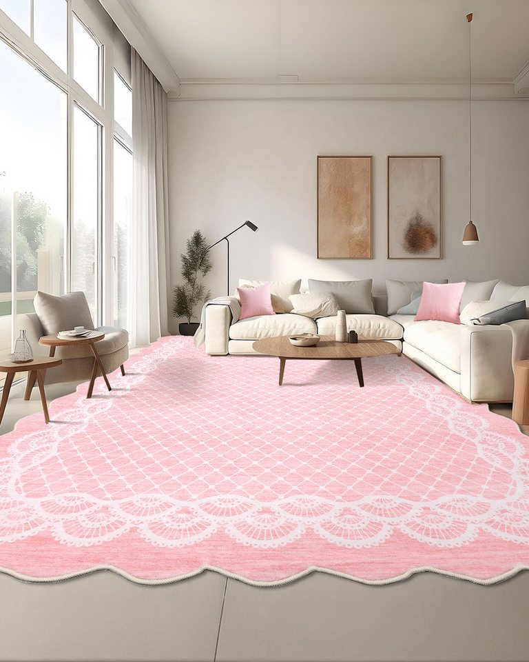 GarveeMore Teppich eleganter und hübscher Flachflor-Teppich mit Wellenrand, rechteckig, Höhe: 7 mm, waschbar, rutschfest, für Wohnzimmer/Schlafzimmer/Esszimmer/Flur/Diele