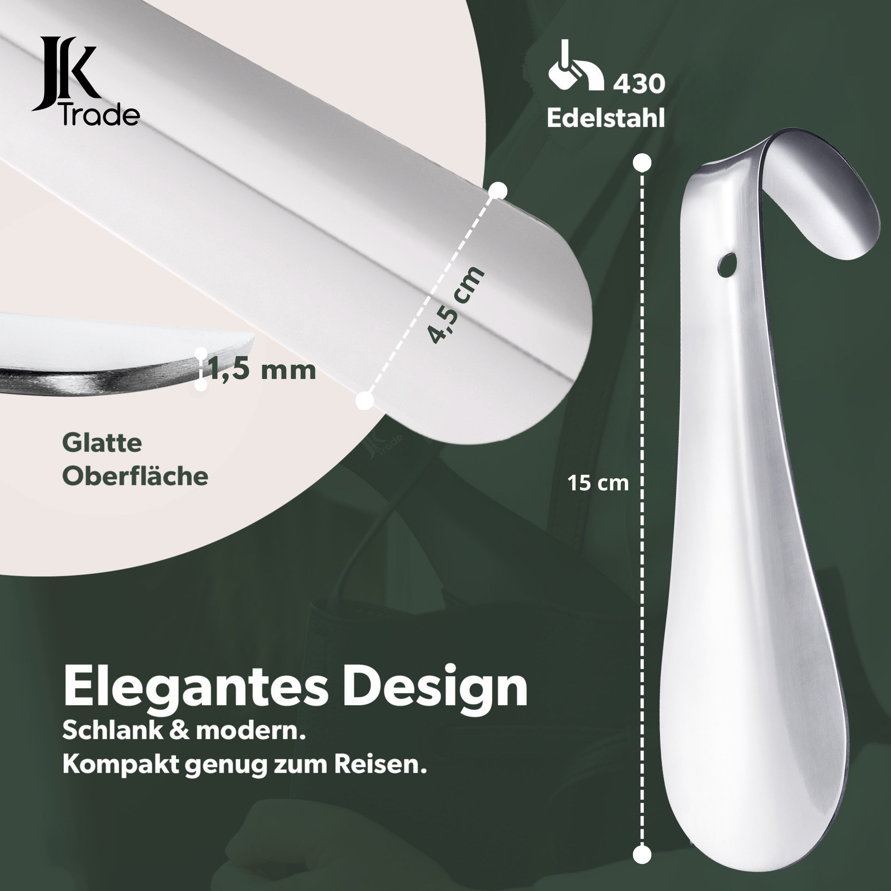 JK Trade Schuhlöffel 15cm Edelstahl poliert (1-tlg., klein & stabil), ideal für Reisen – Silber, Aufhängbar & hochwertig verarbeitet