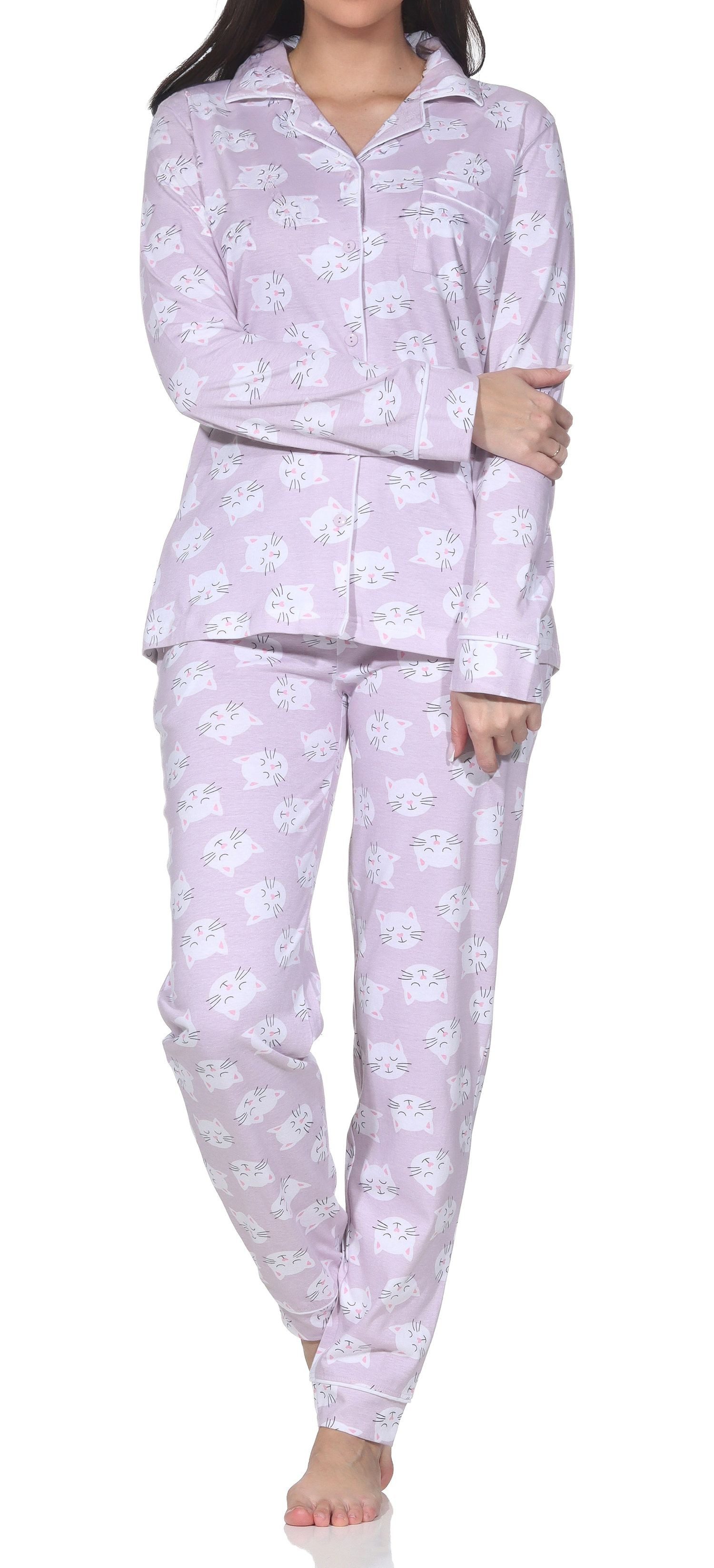 Normann Pyjama Damen Jersey Pyjama zum durchknöpfen Katzenmotive - auch in Übergröße – Bild 2 von 5