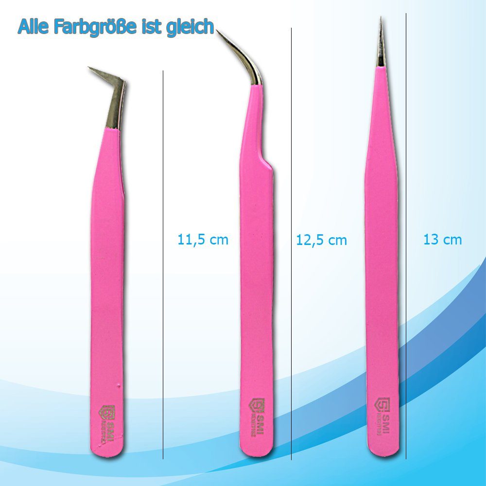 SMI Präzisionspinzette 3-tlg Wimpernpinzette Wimpernverlängerung Wimpern Pinzette mit Etui, gebogen und gerade