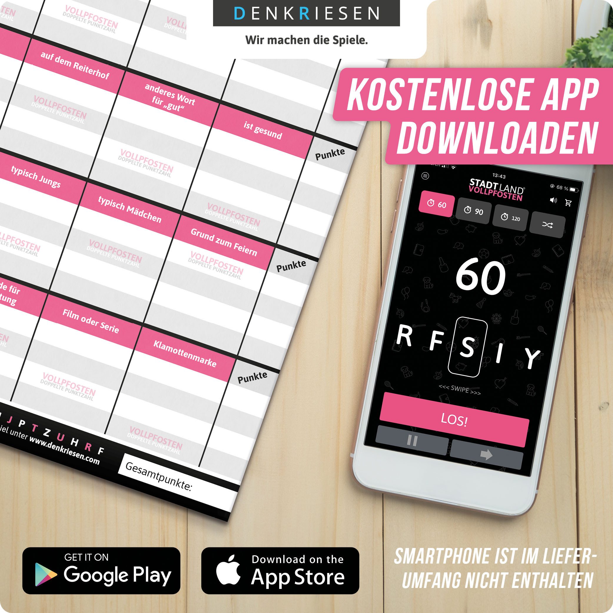 Denkriesen Spiel Stadt Land Vollpfosten, Girls Edition Mädchenrunde A4 Block, Familienspiel, Made in Germany