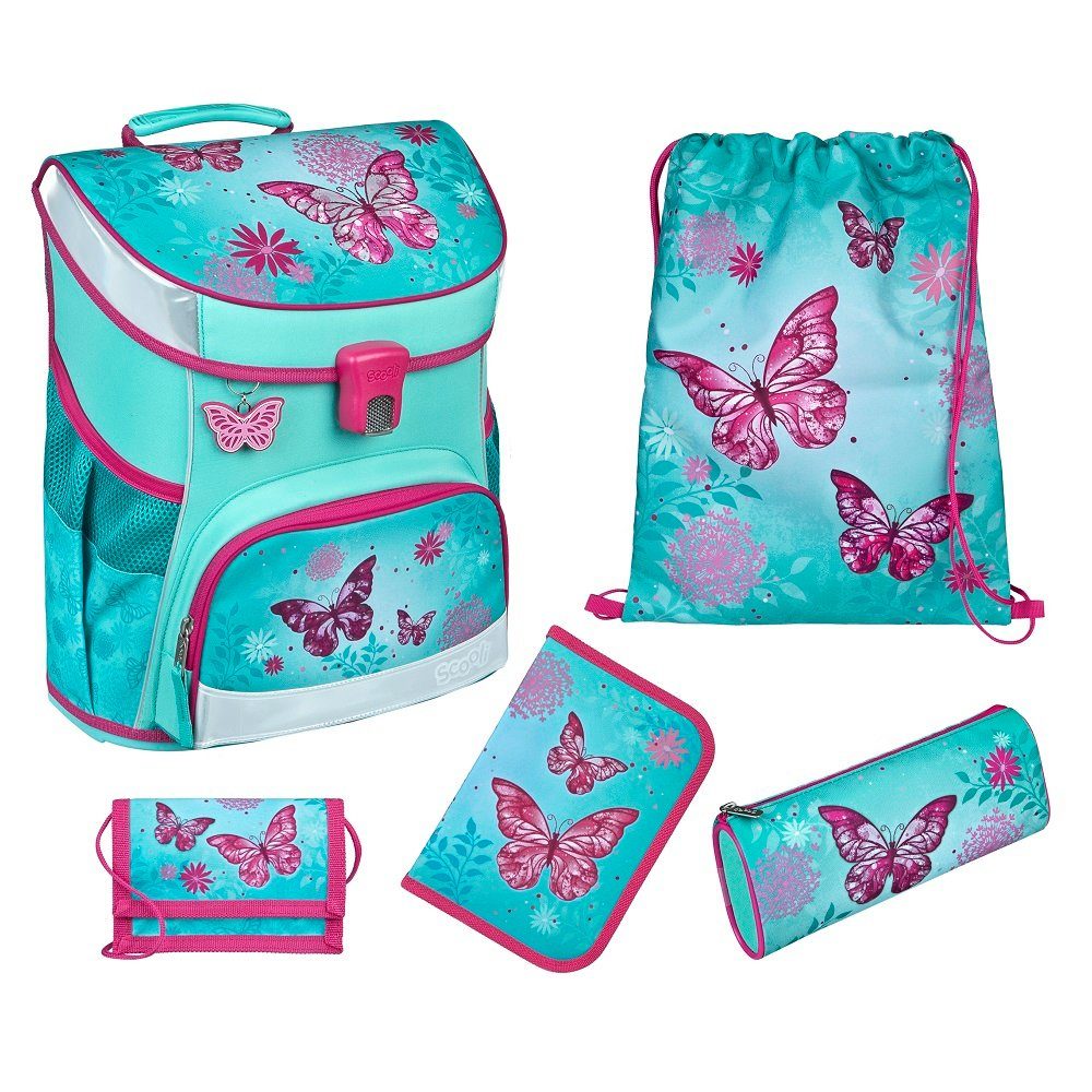 Scooli Schulranzen Campus Fit (Set, 5-tlg., inkl. Federmäppchen), BUTTERFLY Schmetterlinge Glitzer-Druck