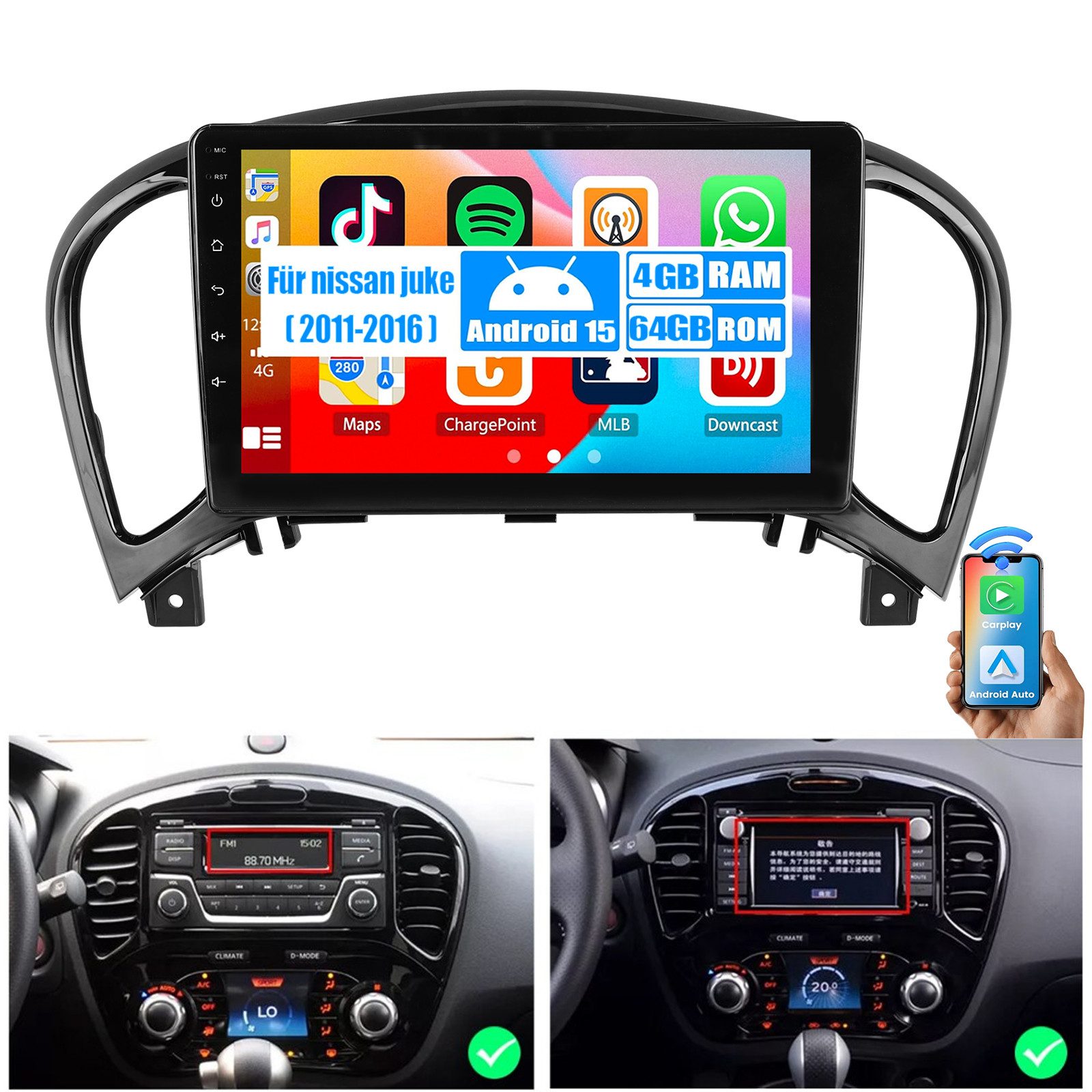 ESSGOO DAB+ Carplay Android 15 Autoradio Für NissanJuke 2011-2016 GPS FM Autoradio (RDS, 4+64GB(optional), Digitalradio (DAB), FM, SWC, Carplay Android Auto Bluetooth EQ USB GPS Navi WIFI Touchscreen)