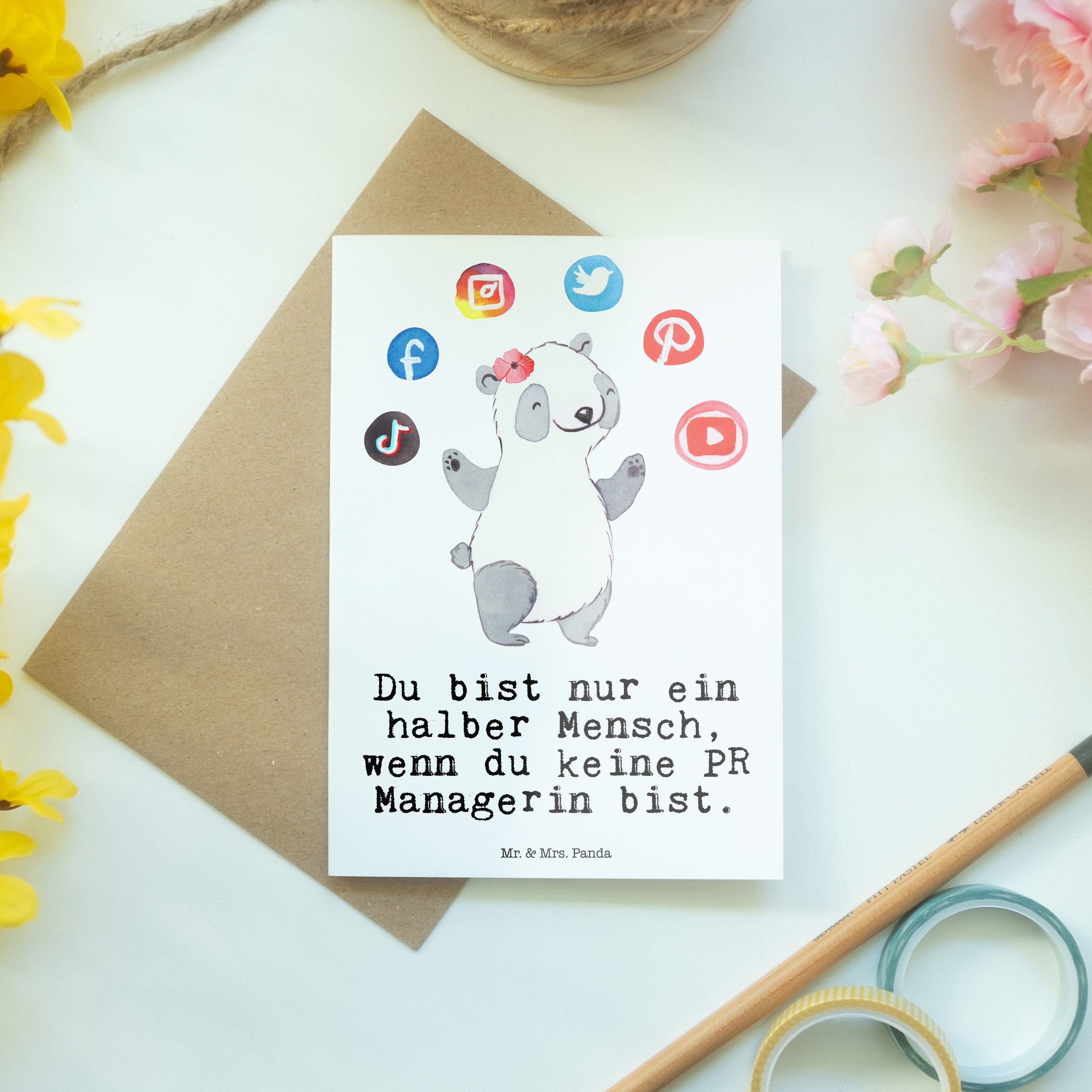 Panda Mr. PR Grußkarte - & mit Managerin Herz Karte, Weiß Mrs. - Jubiläum Klappkarte, Geschenk,