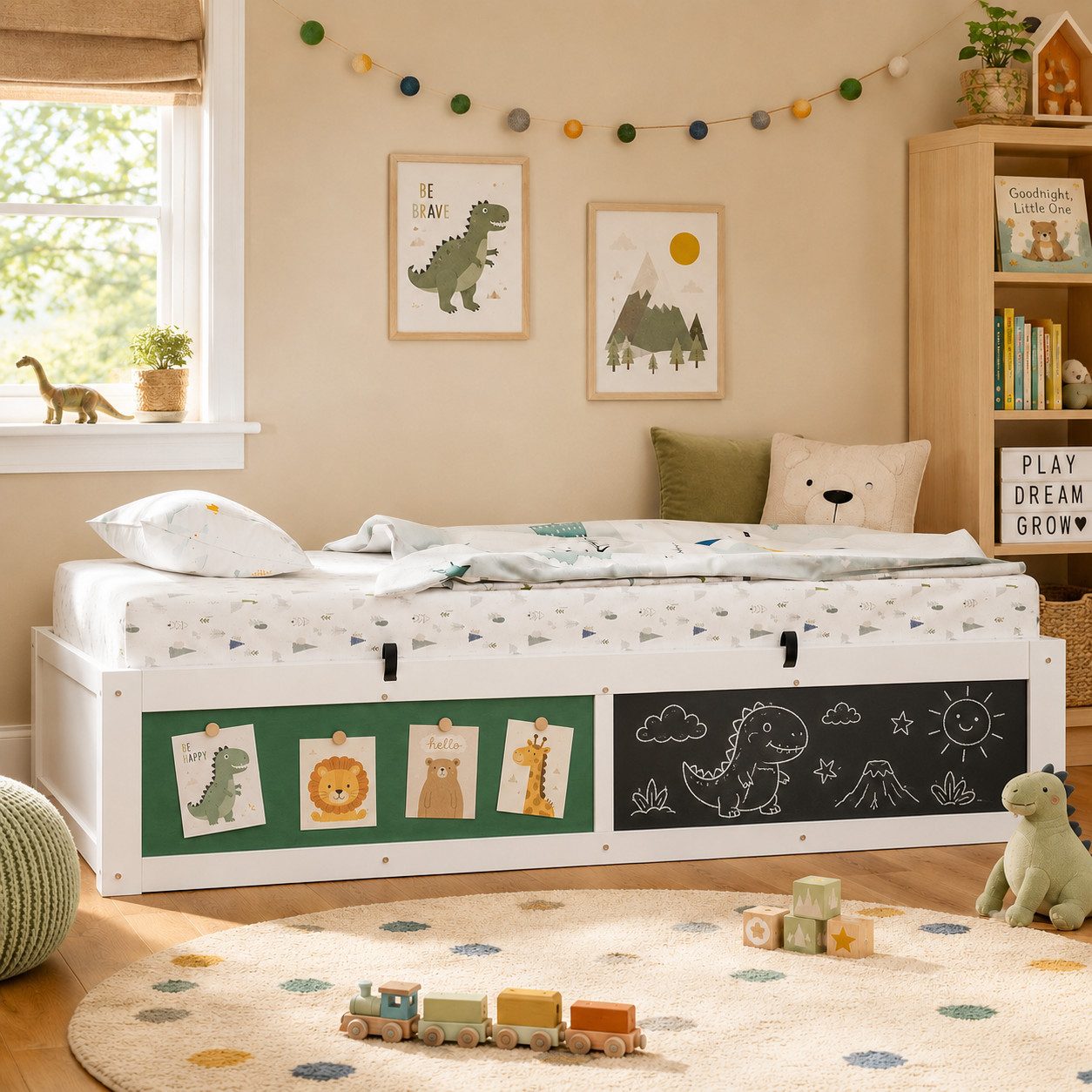 Merax Kinderbett 90×200cm mit hydraulischem Stauraum (1-tlg), Einzelbett mit Kreativtafel und Bücherregal, Jugendbett in Weiß/Grau
