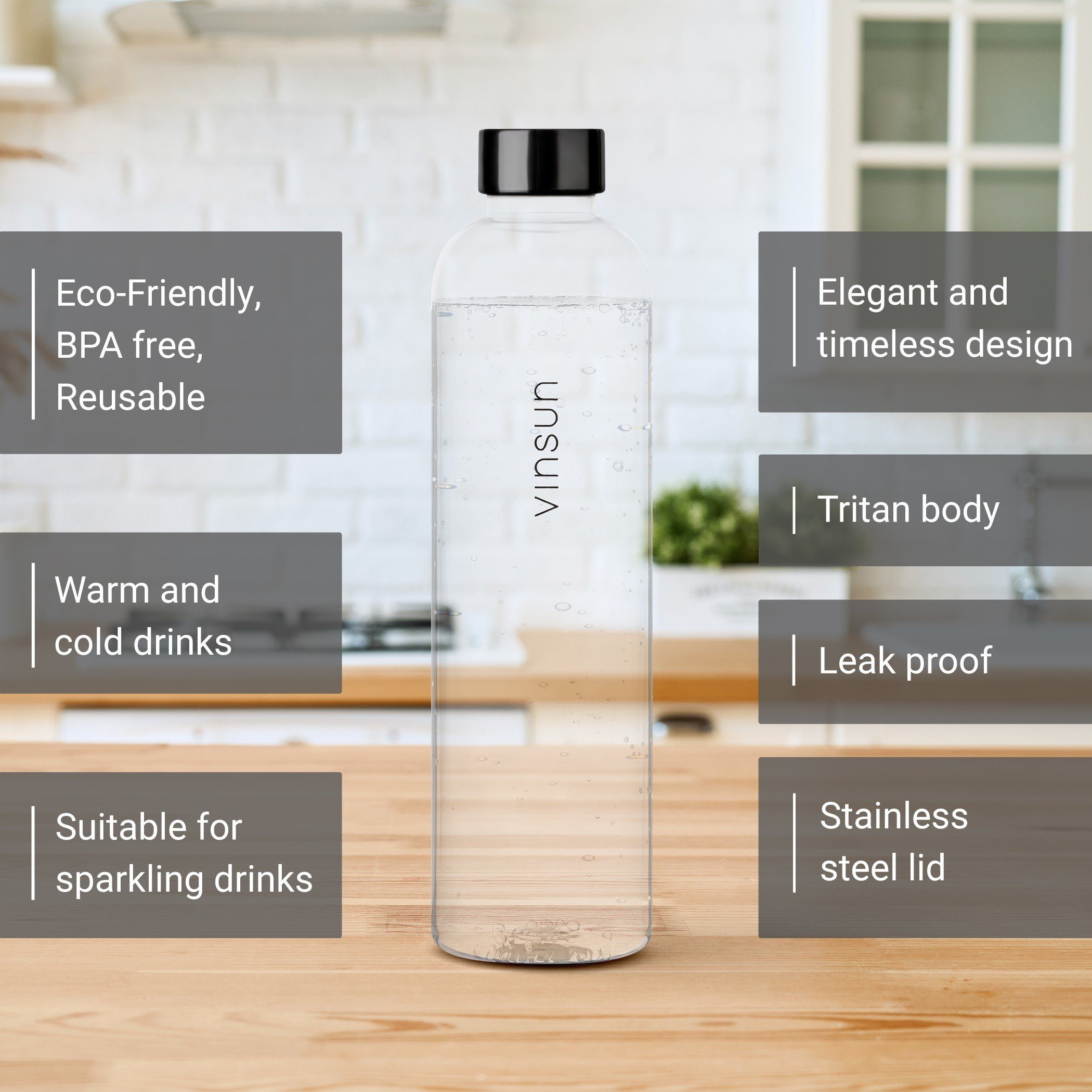 Vinsun Trinkflasche Tritan Wasserflasche 1L, Sportflasche Kohlensäure geeignet & BPA frei, Auslaufsicher, bruchsicher, geruchs- und geschmacksneutral
