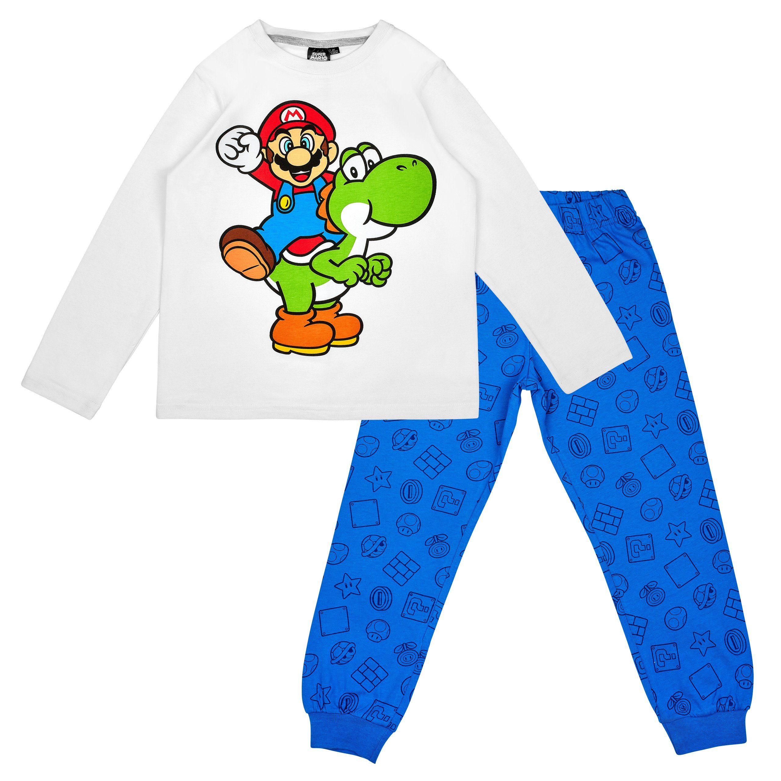 Super Mario Schlafanzug Super Mario Pyjama Schlafanzug mit Mario, Yoshi, Toad und Luigi