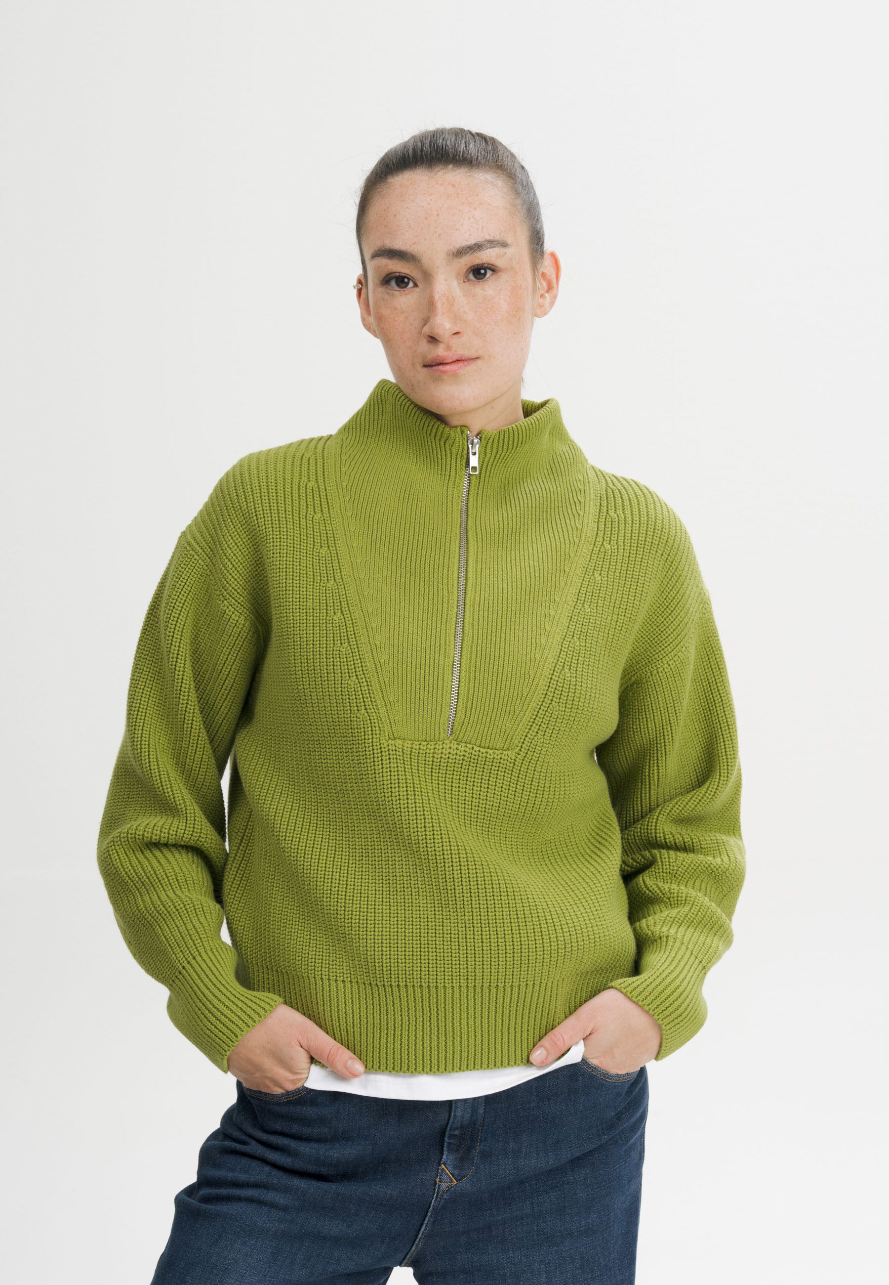 MELA Strickpullover Rippstrick Troyer Style KIMAYA Gerippter Kragen, Saum und gerippte Bündchen