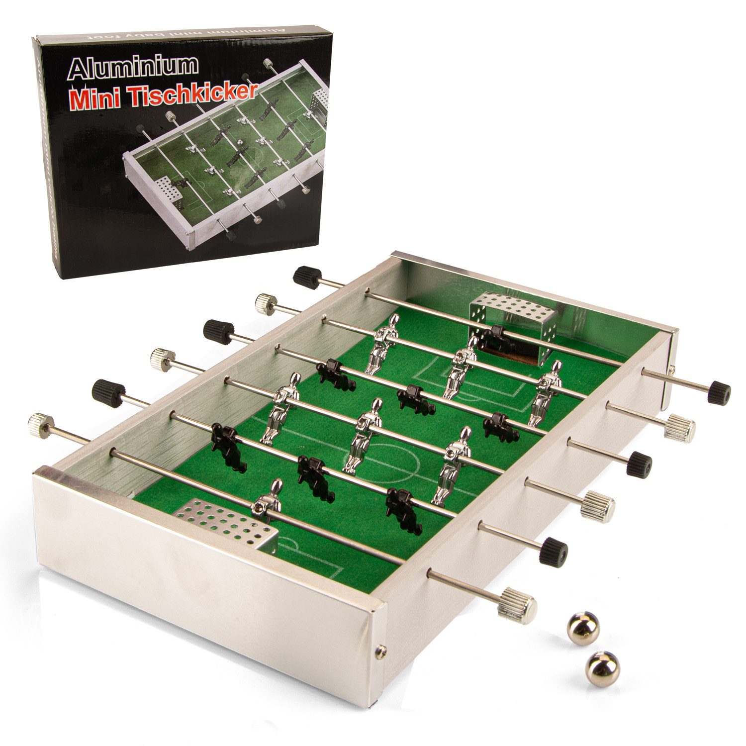 Goods+Gadgets Kickertisch Kickertisch Mini-Tischfußball – Alu Kicker für Kinder & Erwachsene. (Alu Kicker-Tisch, im Taschenformat), Soccer Table