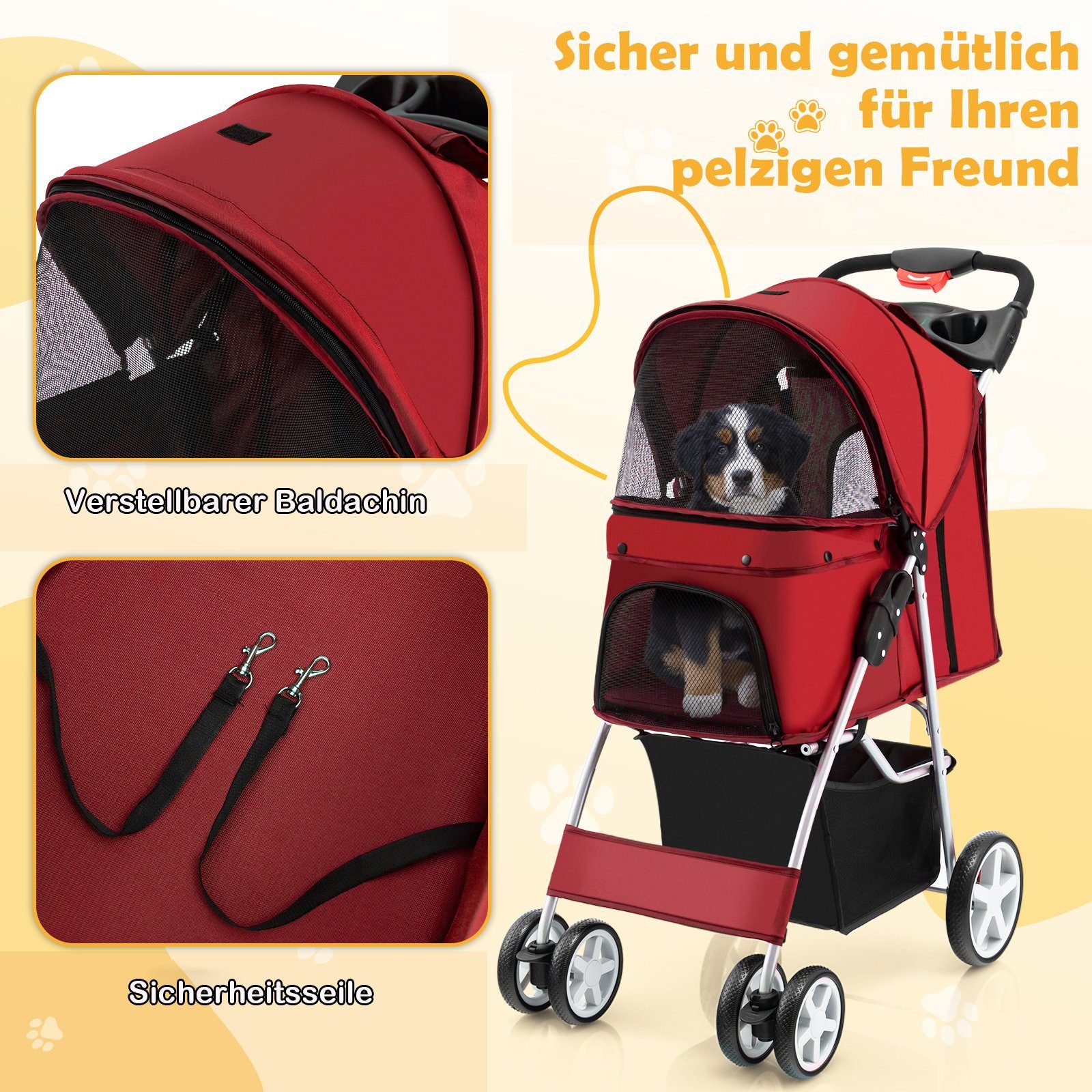 COSTWAY Hundebuggy Hundewagen, Tiertransportbox, mit Gitternetz, bis 15 kg