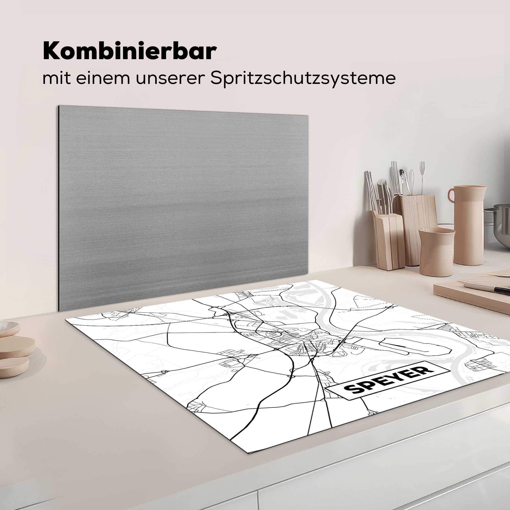 für tlg), Karte, Vinyl, Arbeitsplatte - - Stadtplan Herdblende-/Abdeckplatte MuchoWow (1 cm, Speyer küche Ceranfeldabdeckung, 78x78