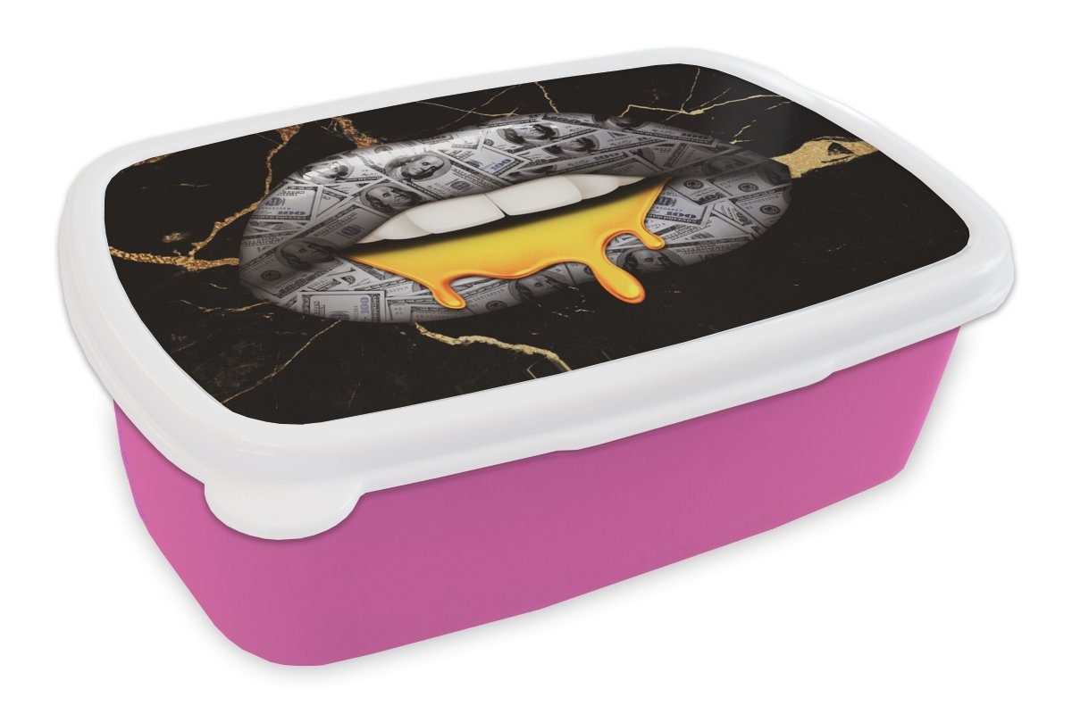 MuchoWow Lunchbox Lippen - Geld - Abstrakt, Kunststoff, (2-tlg), Brotbox für Erwachsene, Brotdose Kinder, Snackbox, Mädchen, Kunststoff rosa
