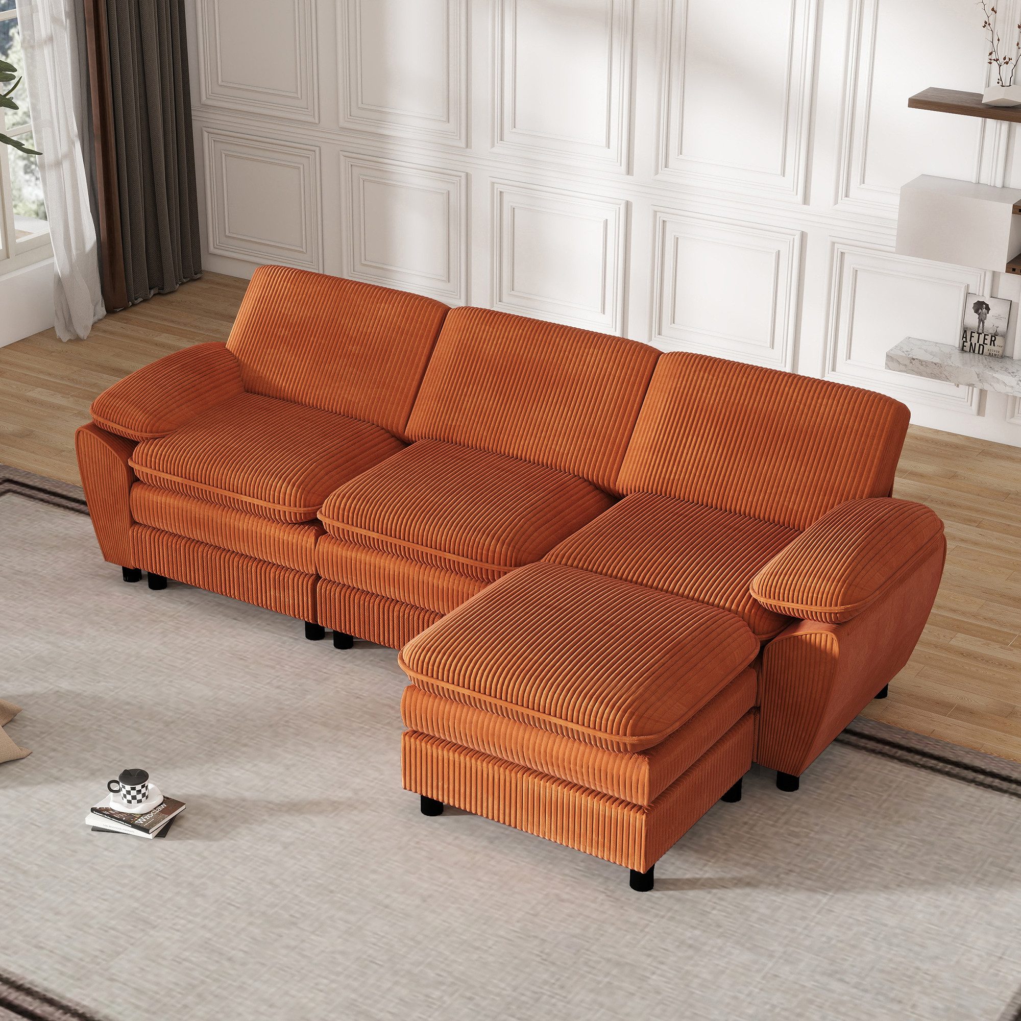 MODFU Sofa Ecksofa,Loungesofa,Kombi-Sofa, Modulares L-Sofa mit Abnehmbarem Ottoman – Komfort und Stil für Wohnzimmer & Büro – Ergonomisches Design mit extra tiefem Sitz und robuster Holzrahmenstruktur – 3-Sitzer für Familie und Gäste, mit Relaxfunktion