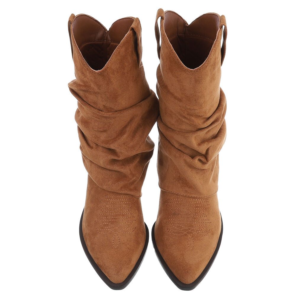 Ital-Design Elegante Damen-Stiefel mit Blockabsatz und einzigartigem Design Westernstiefelette (90827539) Blockabsatz Stiefeletten in Camel