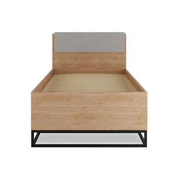 Furnix Bettgestell 90x200 LENDRI Einzelbett Bett mit Schublade 90x200 cm Hickory/Weiß, Design Jugendbett, 94,8x90x204,8cm, ohne Matratze