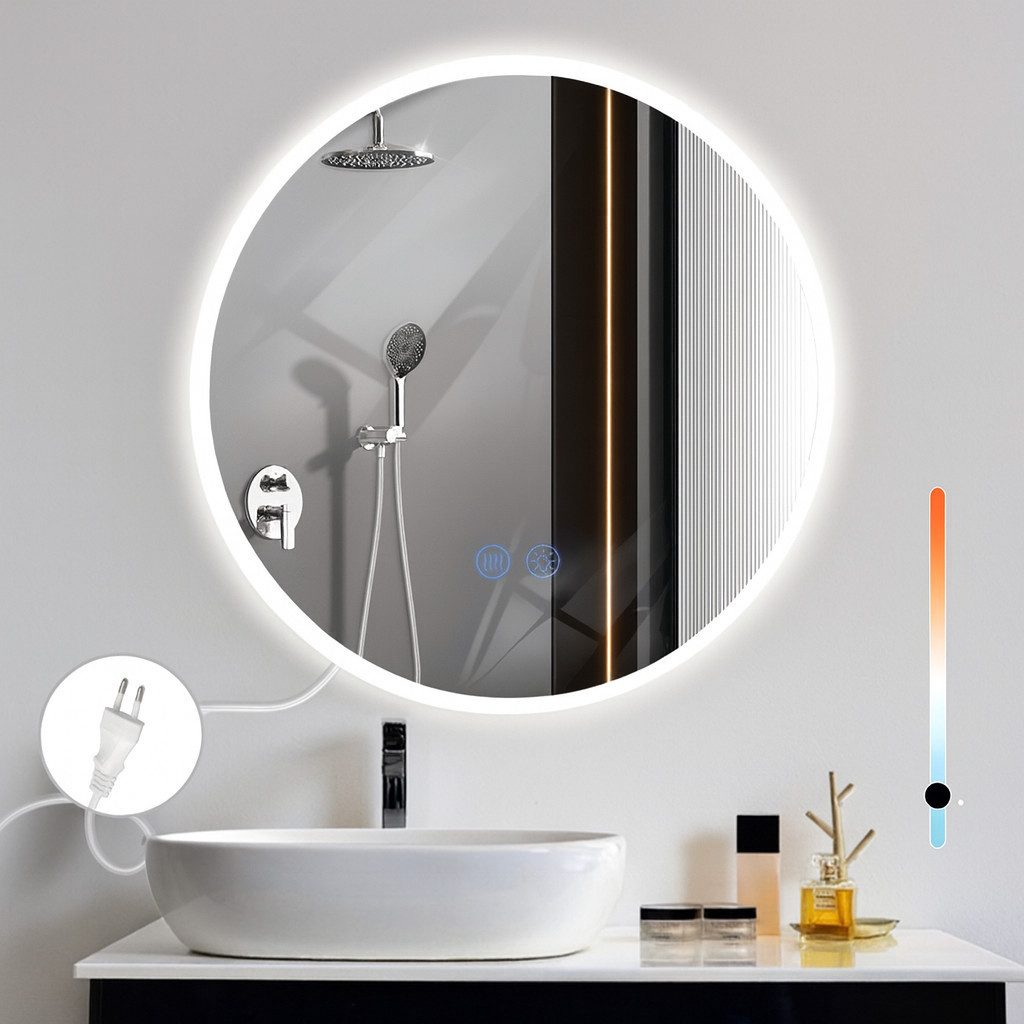 ZMH Badspiegel mit Beleuchtung, Badezimmerspiegel 3 Lichtfarben dimmbar, Touch-Schalter,Anti-Beschlag, rund oder rechteckig