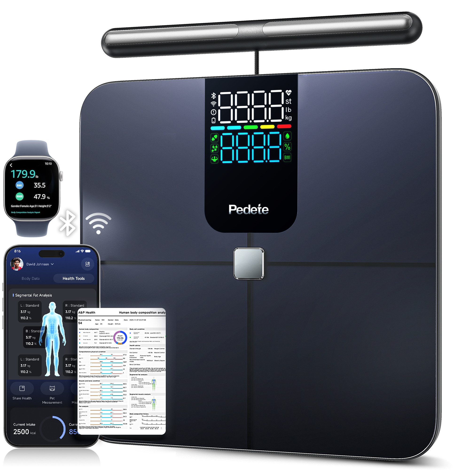 OYLCDI Körper-Analyse-Waage Messung von Körperfett, Muskelanteil, Kalorienanzeige usw., mit App zur Übertragung und Tracking der Messwerte, Full Body Scan, BMI, Körperfett, Wasser & Muskelanteil, bis zu 180 kg