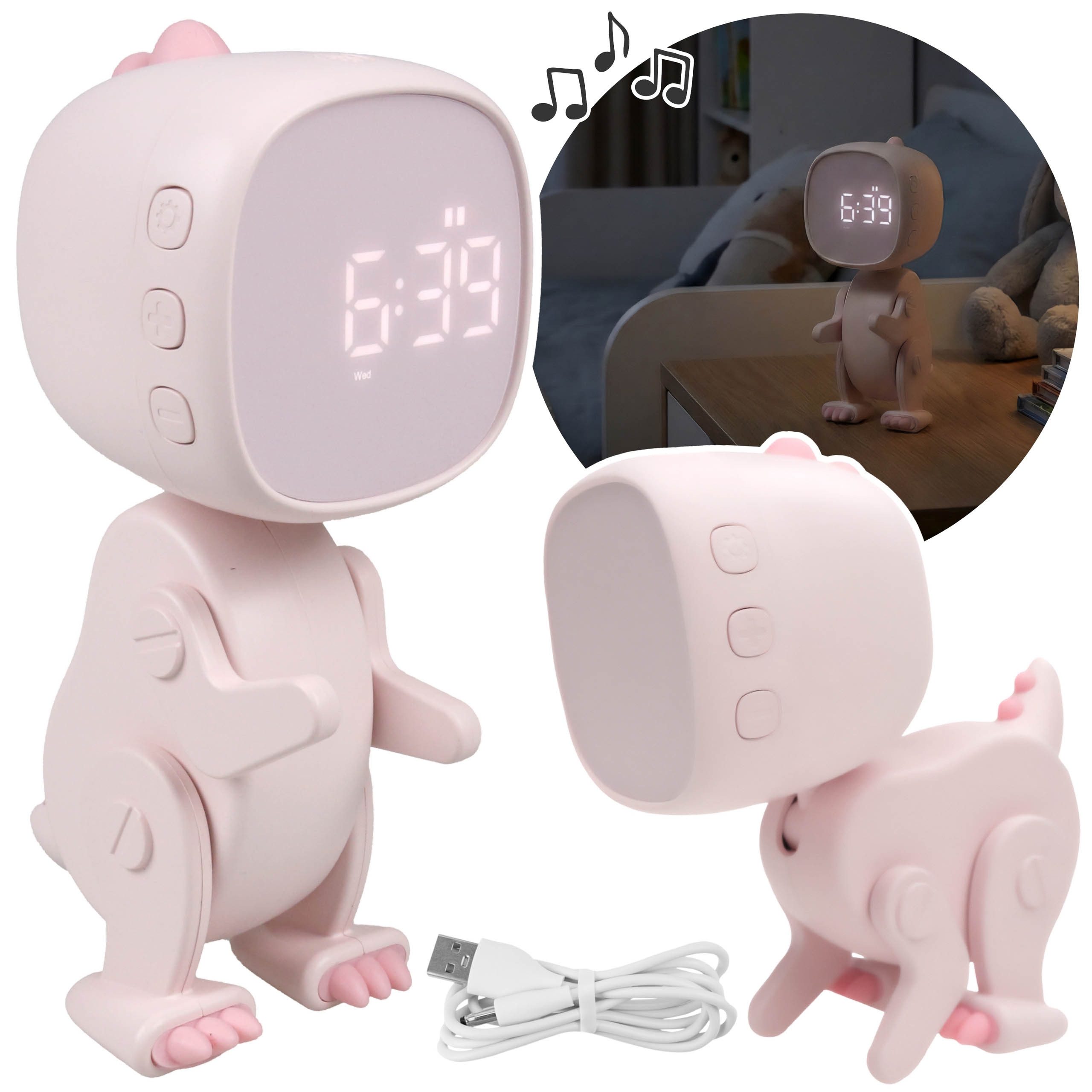 Sarcia.eu Kinderwecker Mary's Kinder Elektronische Display Uhr, Wecker rosa Dinosaurier USB