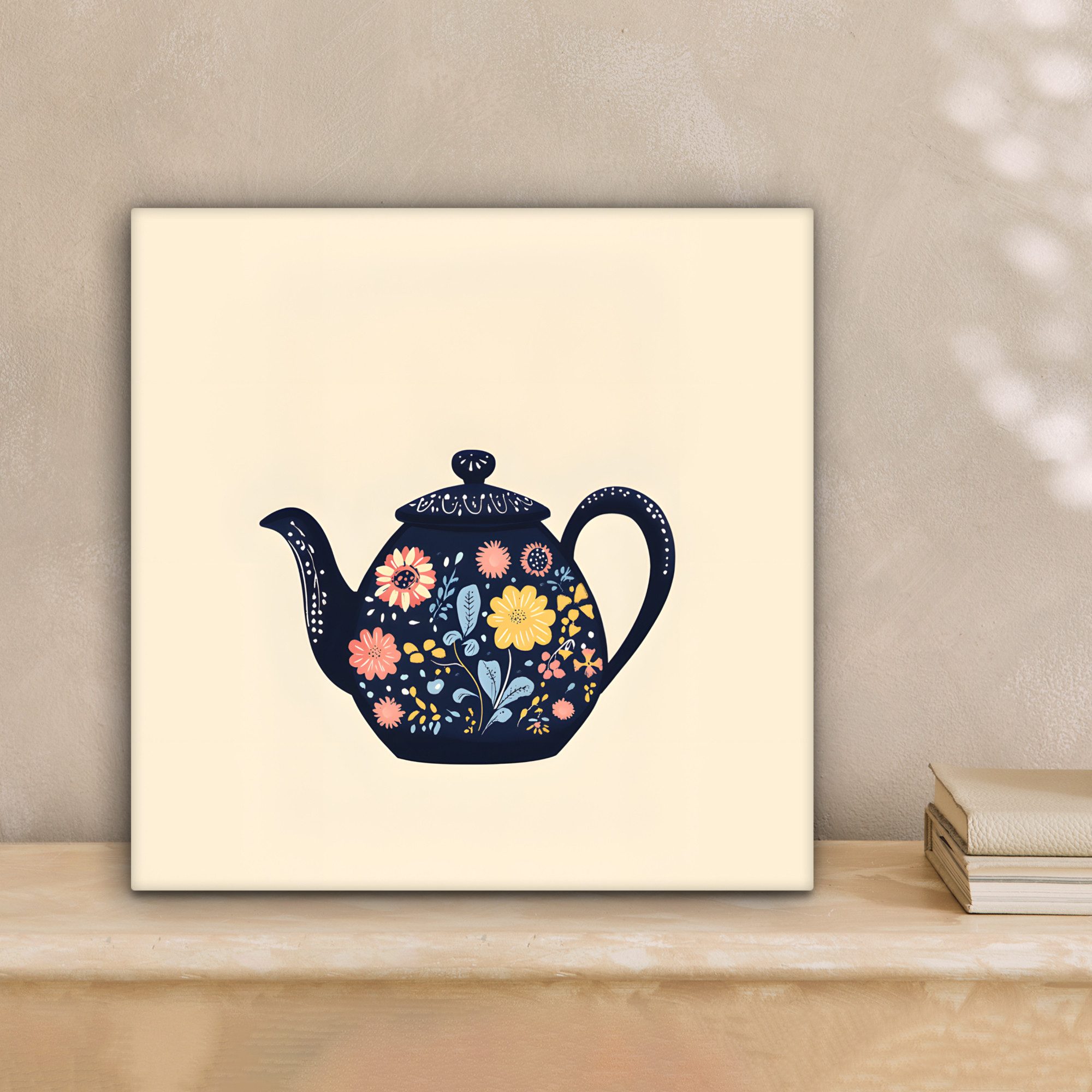 OneMillionCanvasses® Leinwandbild Teekanne - Bunt - Blumen, Fotodruck (1 St), Wandbild, Deko Schlafzimmer Wohnzimmer Flur 20x20 cm